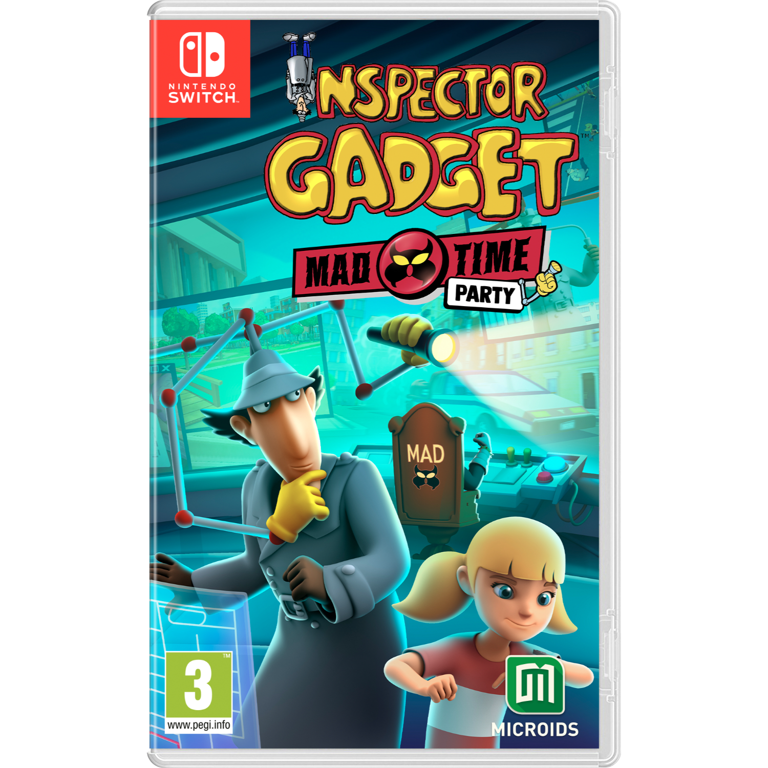 Una copertina del gioco di Inspector Gadget. Gadget e Penny sono davanti, con il titolo del gioco.