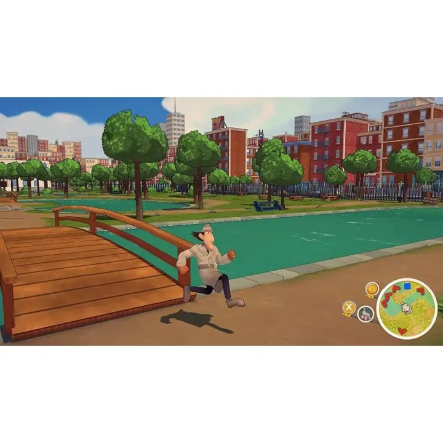 Kreskówkowa postać biegnie po drewnianym moście. Scena: park z zielonymi drzewami i rzeką.