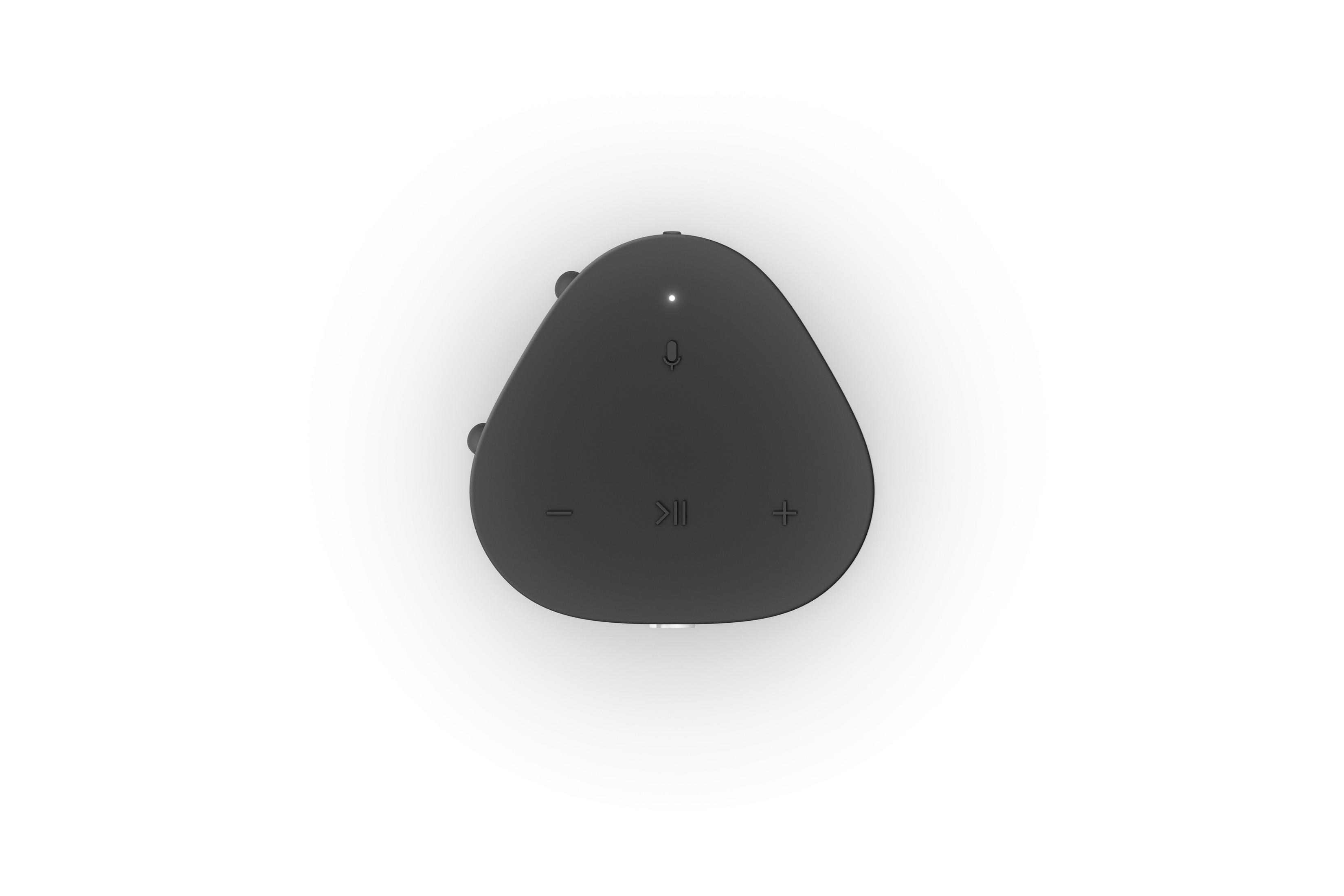 Czarny głośnik z przyciskami głośności. Góra jest czarna, boki białe.