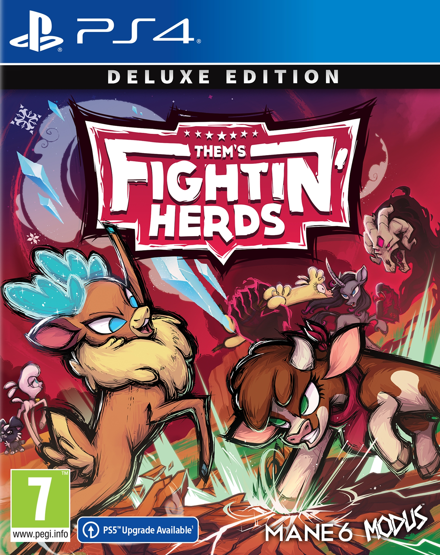 Copertina del gioco. Fighting Herds, Deluxe Edition. Animali dei cartoni animati su sfondo rosso. Logo PS4 e classificazione PEGI 7.