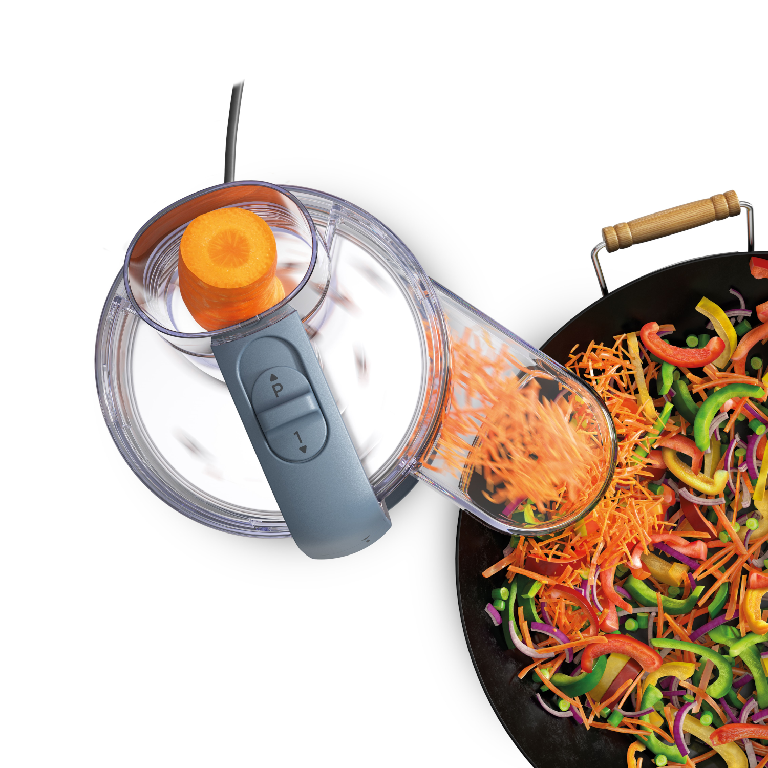 Robot da cucina con carota affettata, i trucioli cadono in un wok pieno di verdure colorate.
