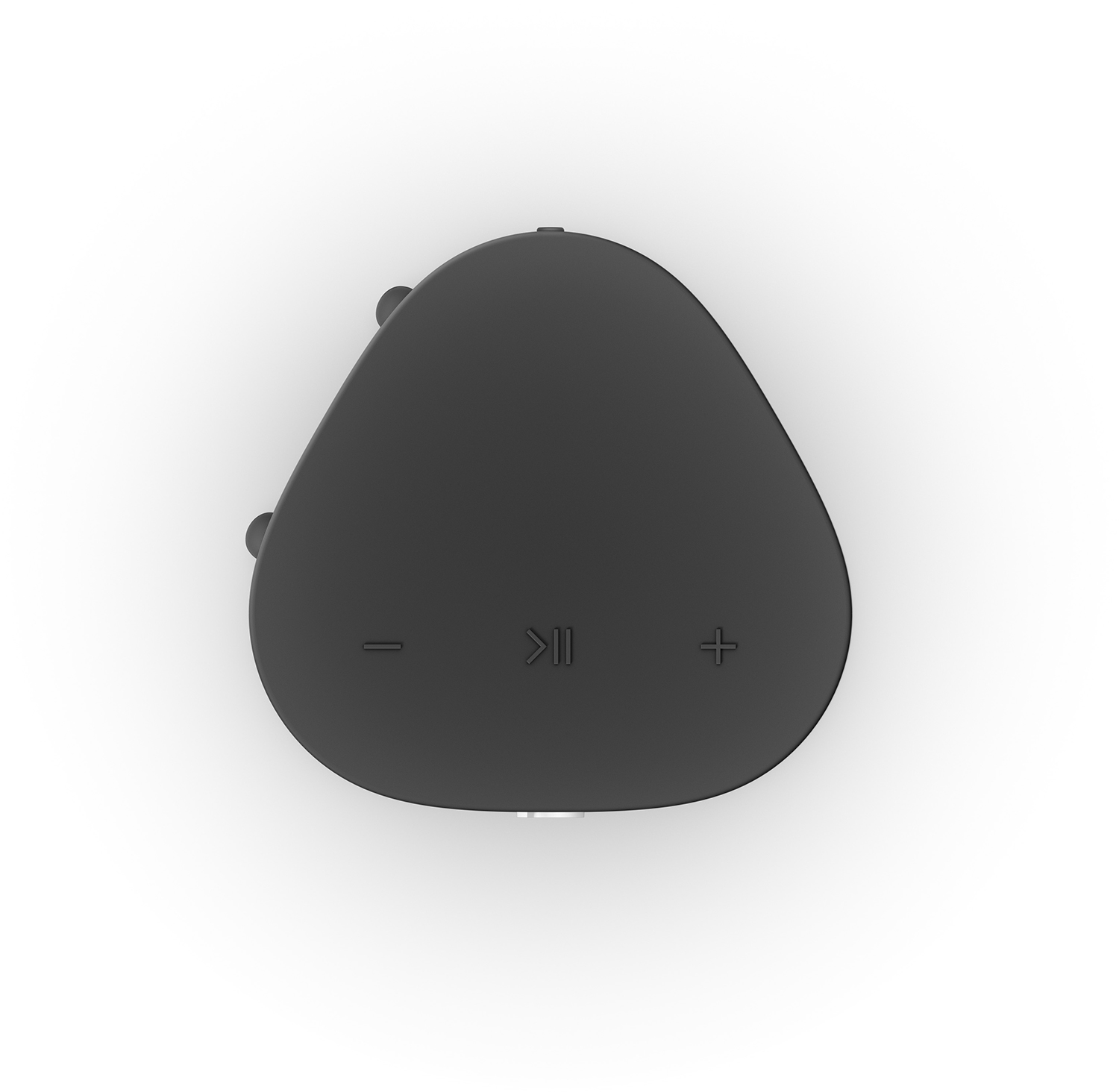 Vista superior de un dispositivo negro, con forma de triángulo redondeado, con botones de reproducción/pausa y volumen.