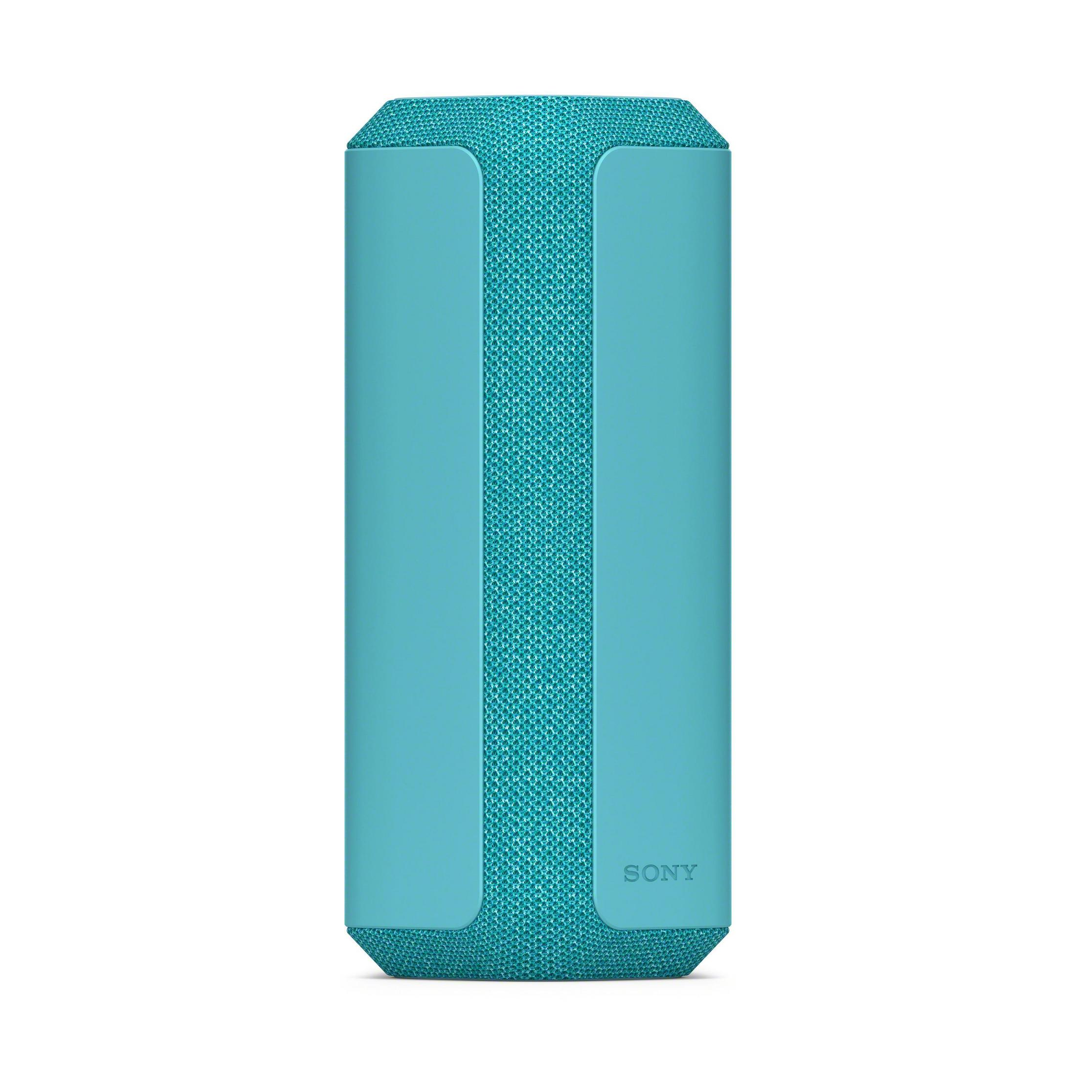 Un altavoz cilíndrico turquesa con un panel de tela verde oscuro en el medio, el logotipo de Sony es visible.