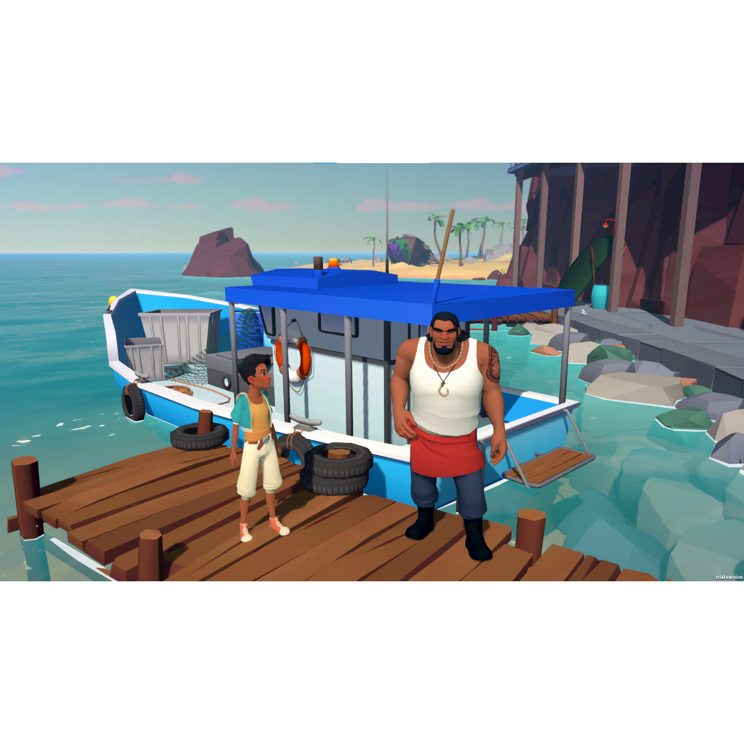 Dwóch mężczyzn na pomoście obok niebieskiej łodzi. Jeden mężczyzna ma tatuaże i białą koszulę.