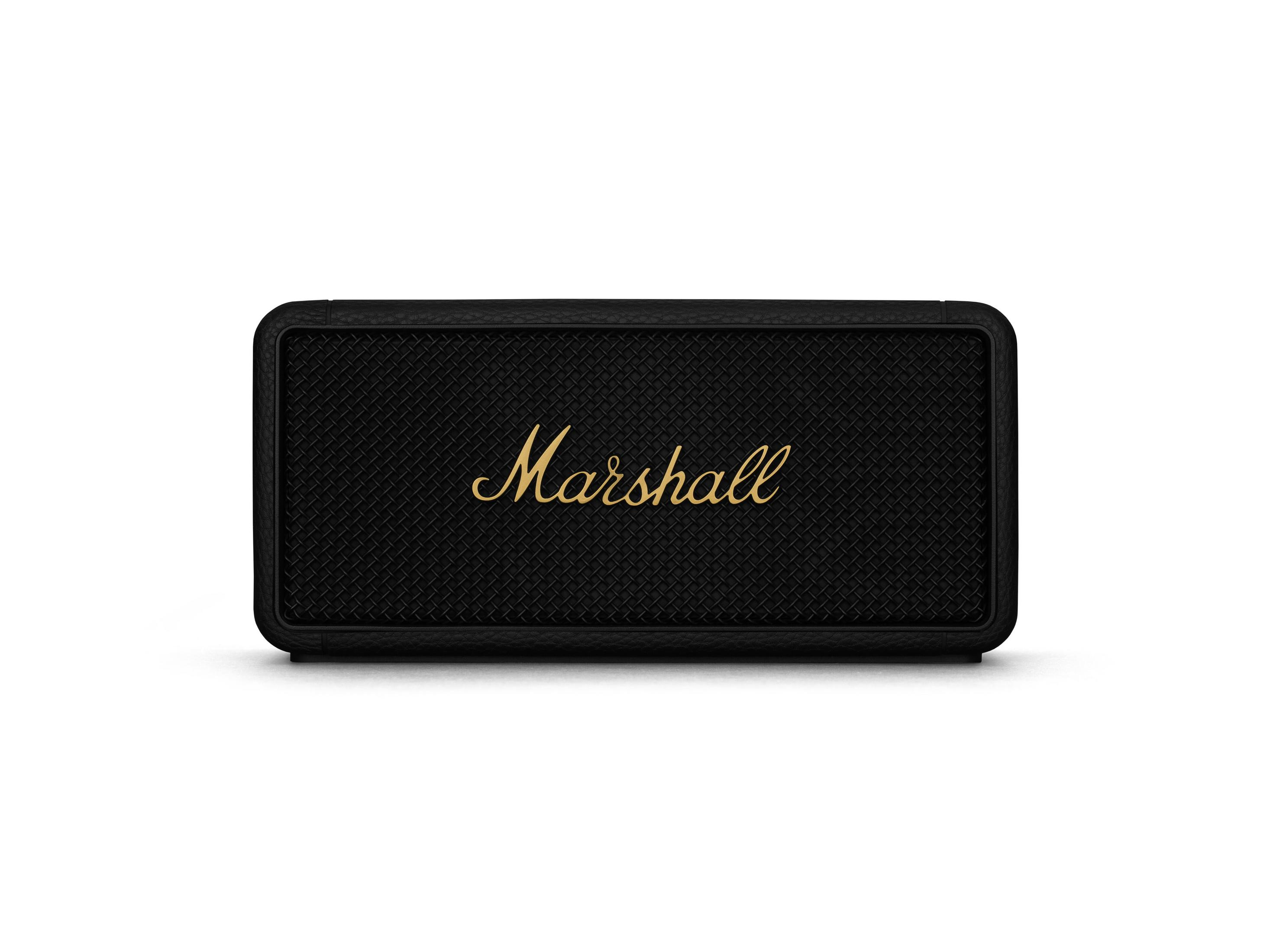 Schwarzer Marshall-Lautsprecher mit goldenem Marshall-Logo. Rechteckige Form, Lautsprechergitter-Textur.