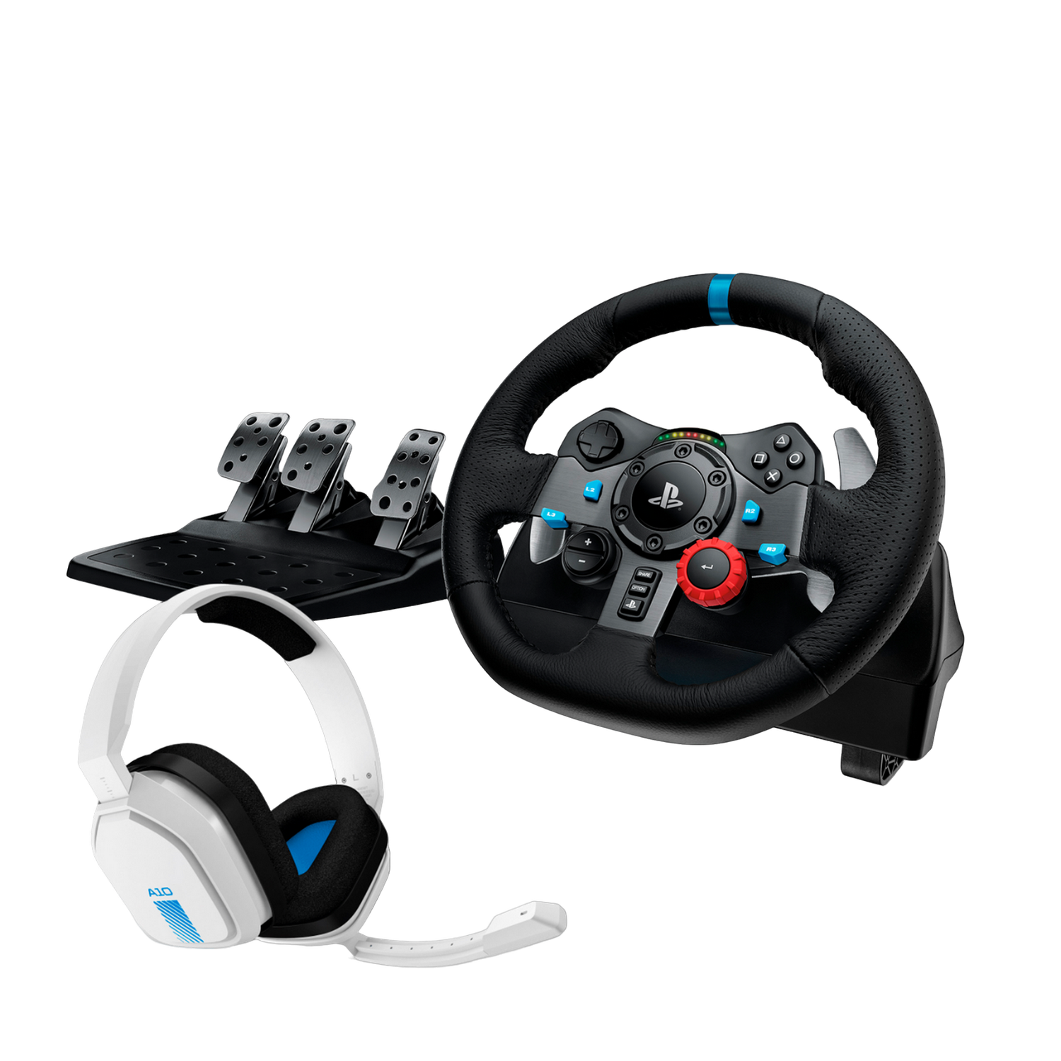 Gaming-Setup mit Lenkrad, Pedalen und Headset.