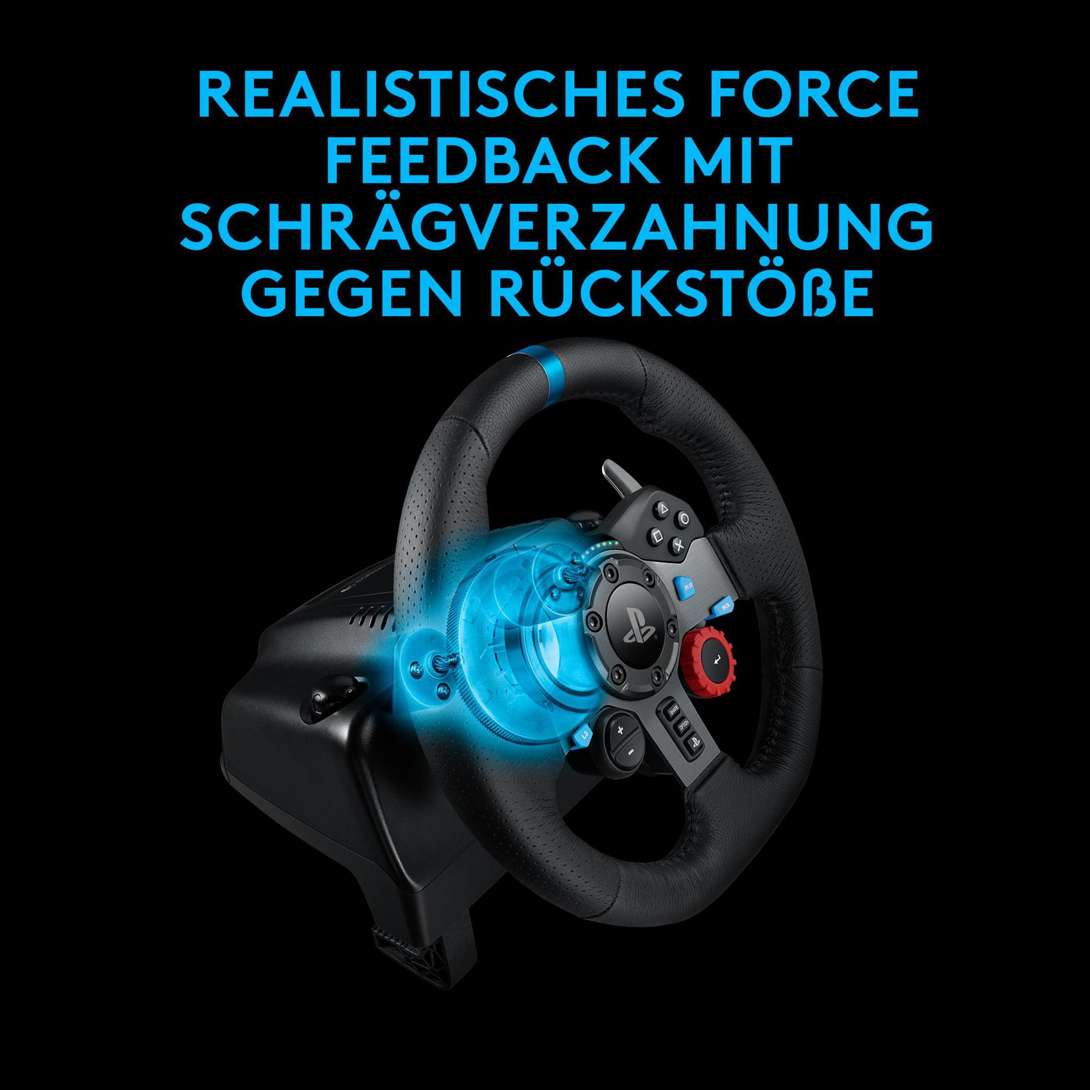 Ein schwarzes Lenkrad mit blauen Akzenten und einem roten Knopf auf schwarzem Hintergrund.