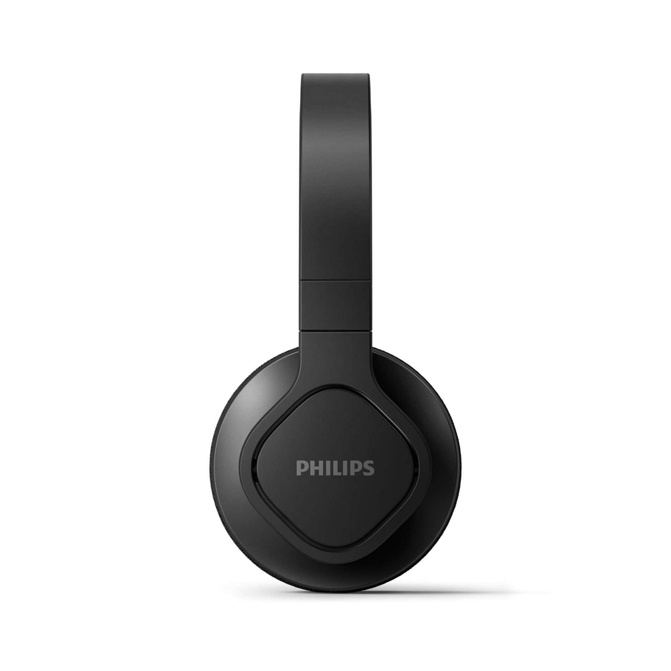 Czarne słuchawki Philips o prostym designie, umieszczone na białym tle.