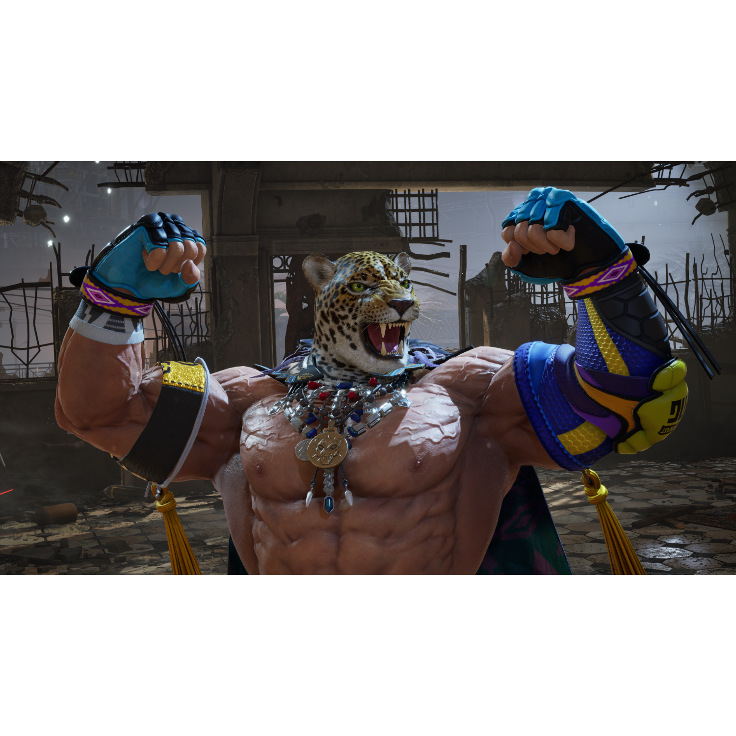 Umięśniona postać z głową jaguara z uniesionymi ramionami w pozycji bojowej.