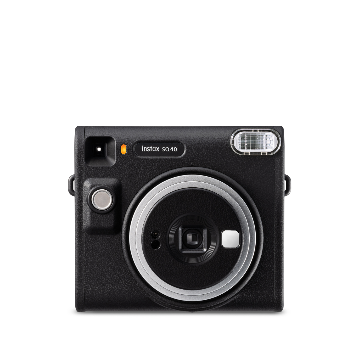 Schwarze Instax SQ40 Kamera. Sie hat ein großes Objektiv und einen Blitz.