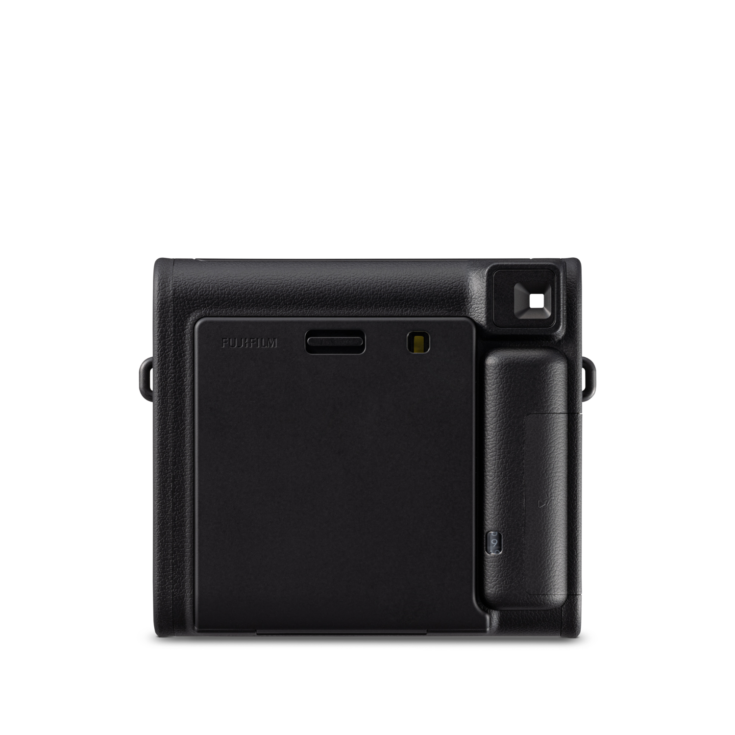 Schwarze Fujifilm Kamera, Rückansicht. Enthält das Objektiv, den Sucher und das Batteriefach.