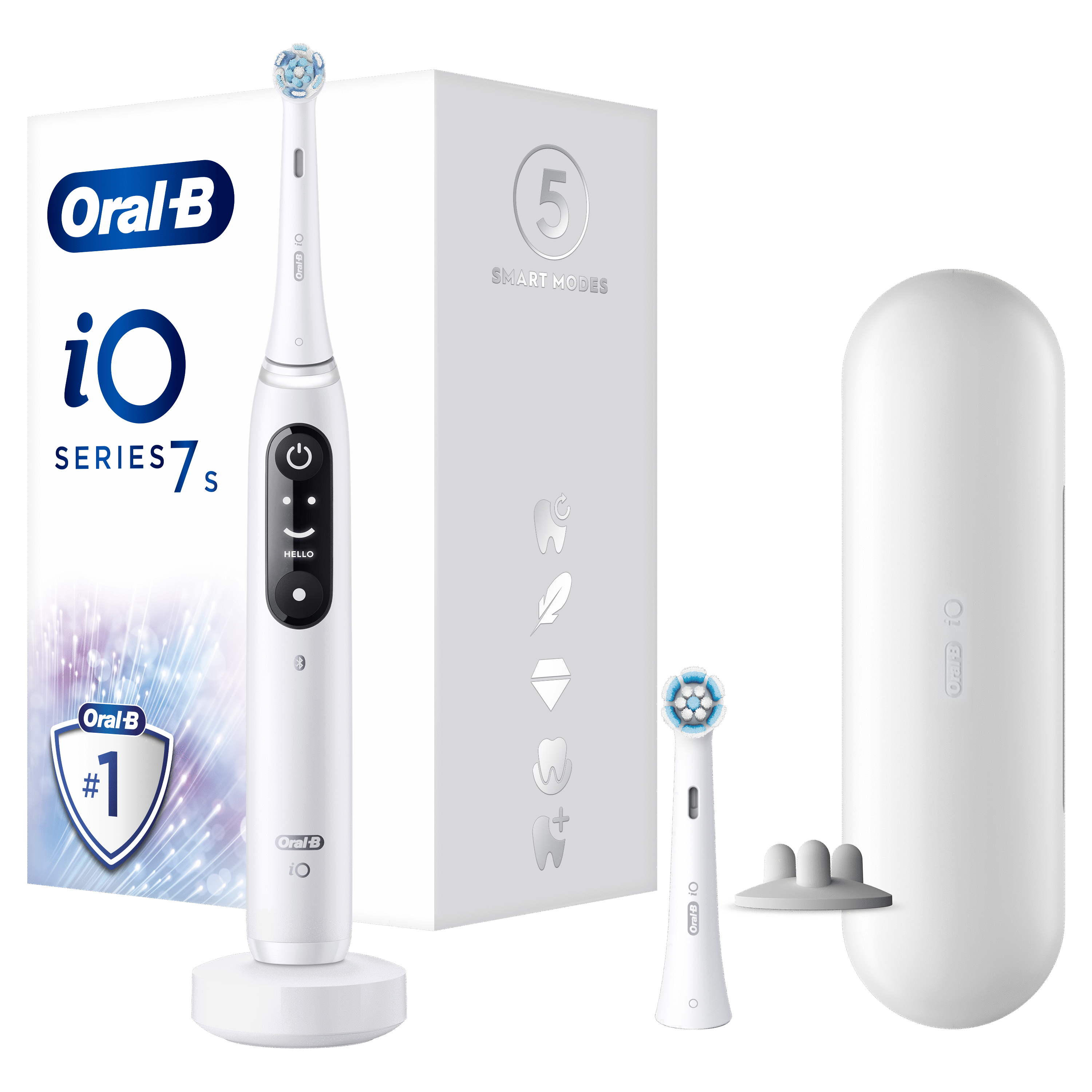 Cepillo de dientes eléctrico blanco, con base de carga, cabezal de repuesto y estuche de viaje. Fondo negro.
