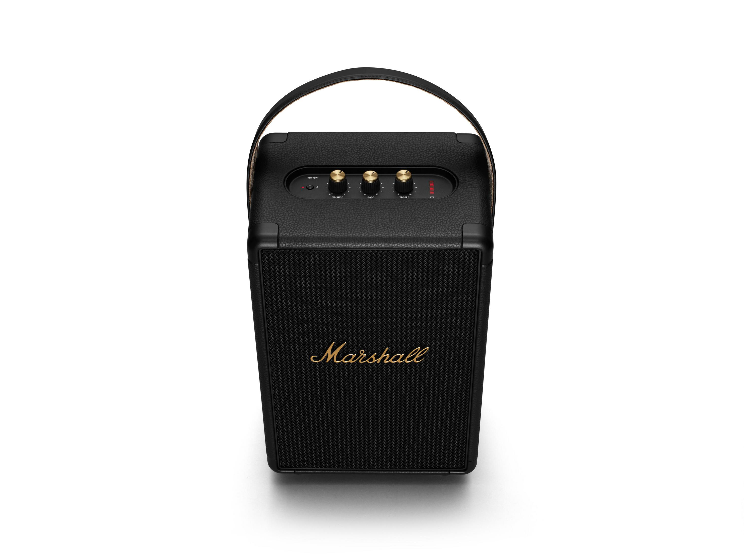 Altavoz Marshall negro con letras doradas, asa y mandos, fondo blanco.