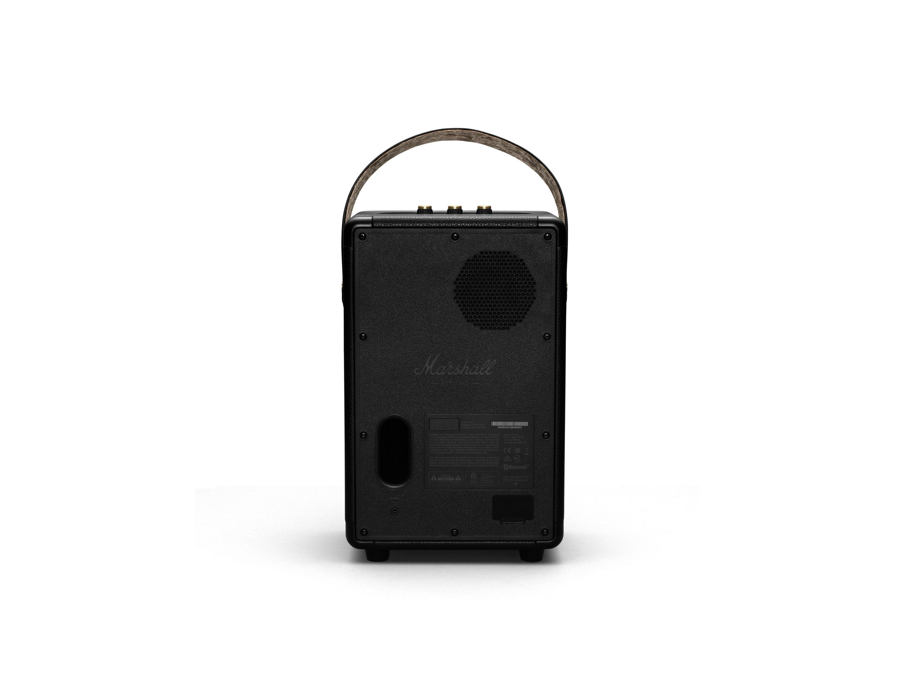 Altavoz Marshall negro, vista trasera. Muestra puertos, botones y el nombre de la marca.