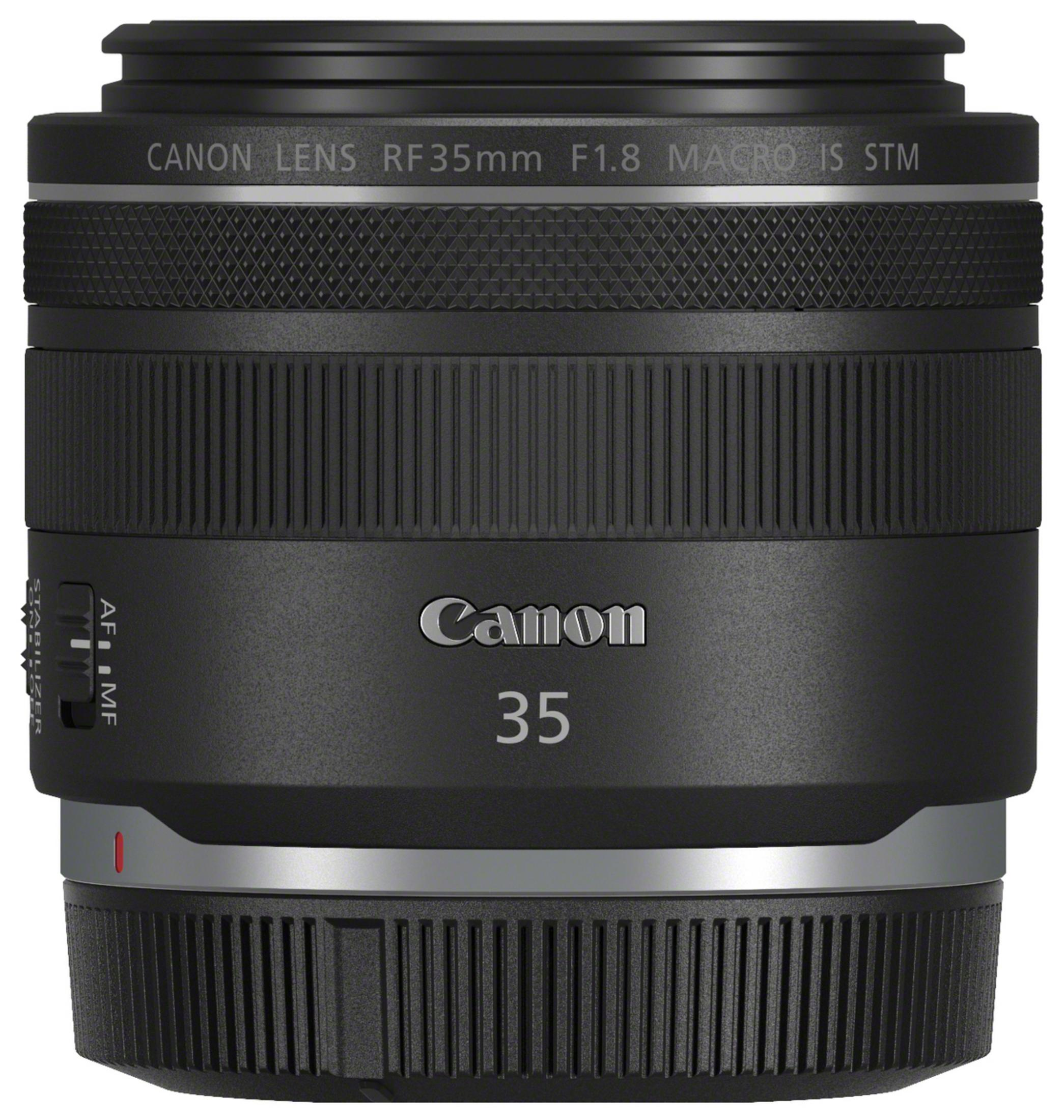 Un objectif Canon noir avec un anneau argenté est visible.