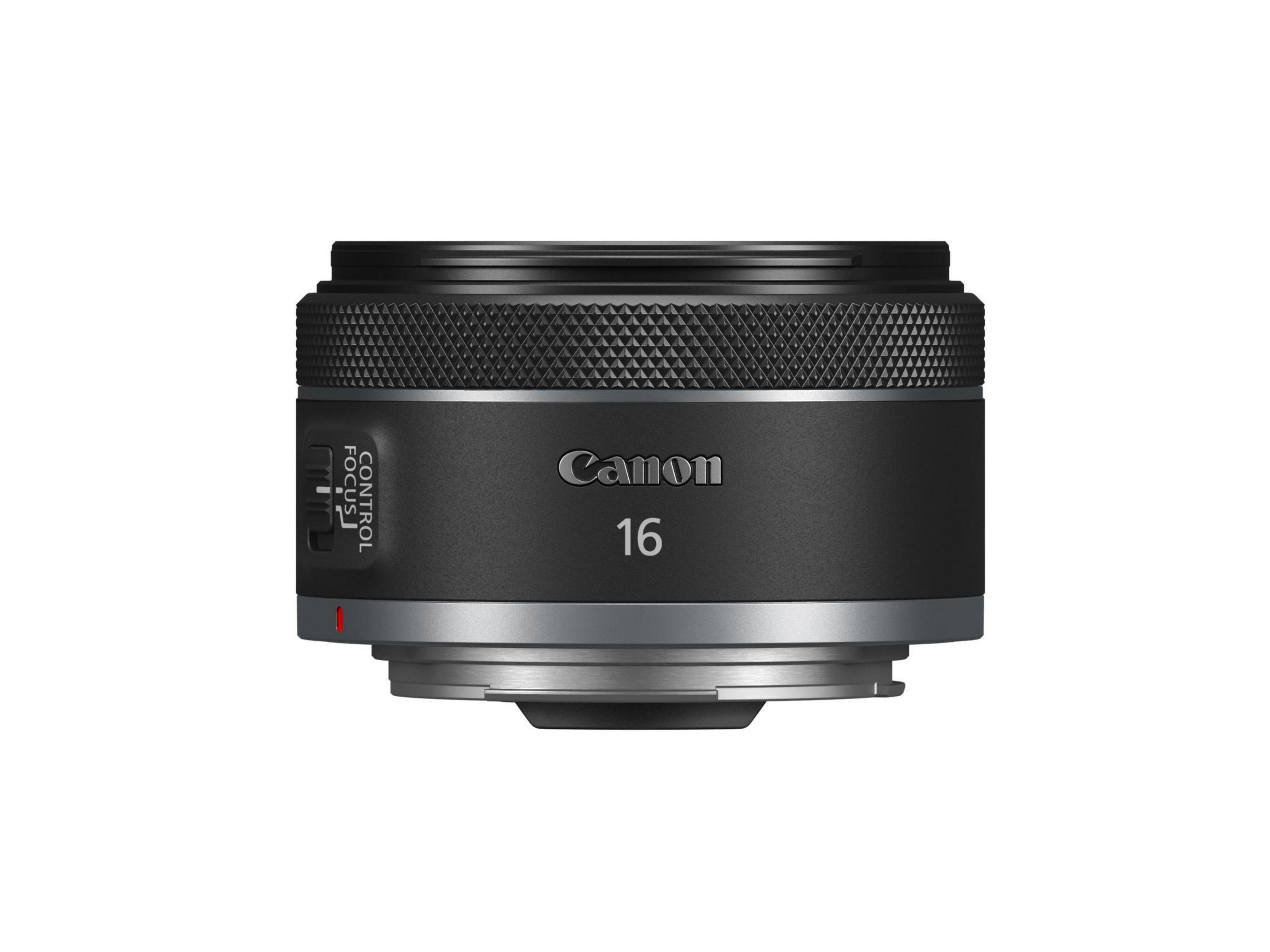 Black Canon 16mm lens, with focus control and Canon logo on a white background.