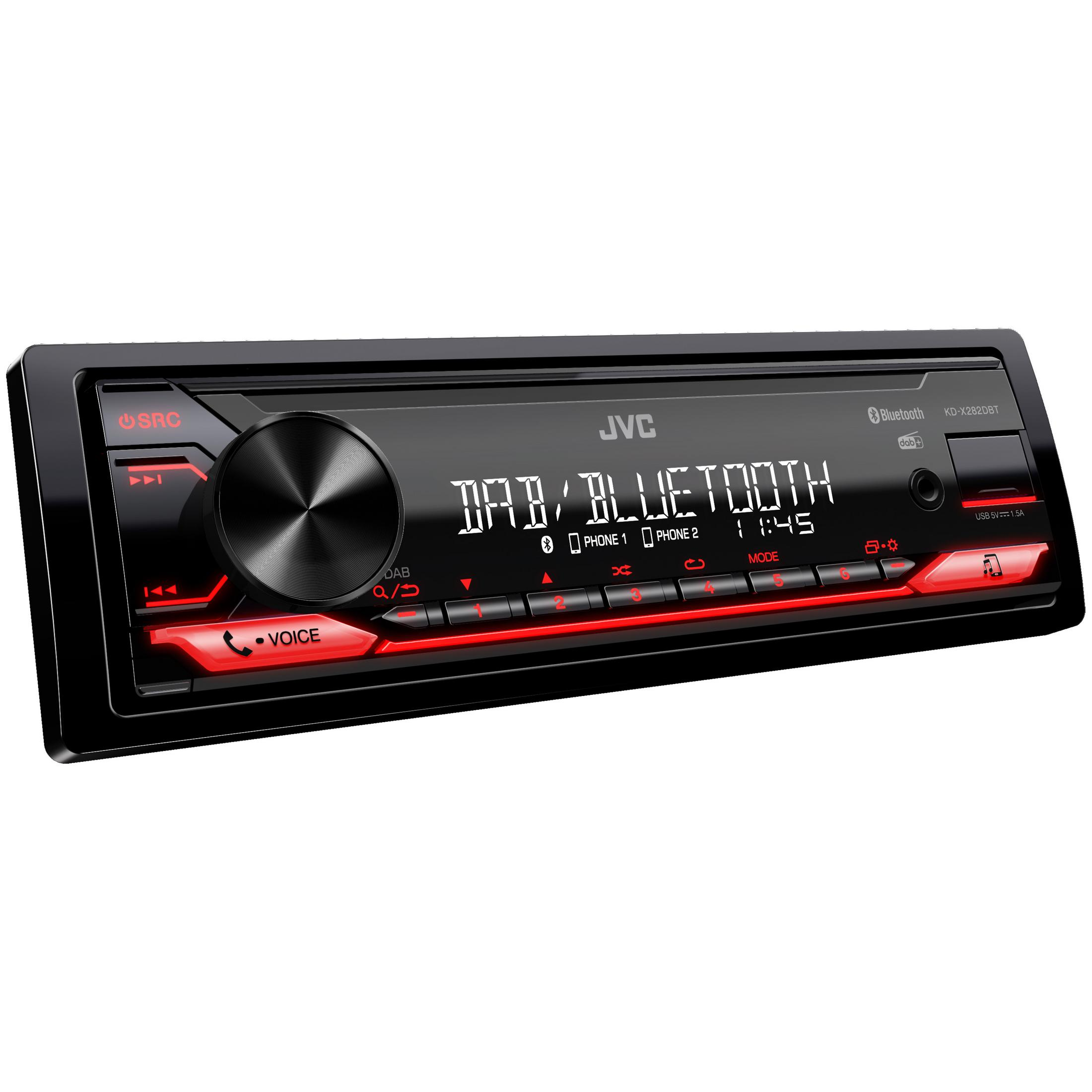 Autoradio mit schwarzer Front, roten Knöpfen und DAB/Bluetooth-Anzeige.