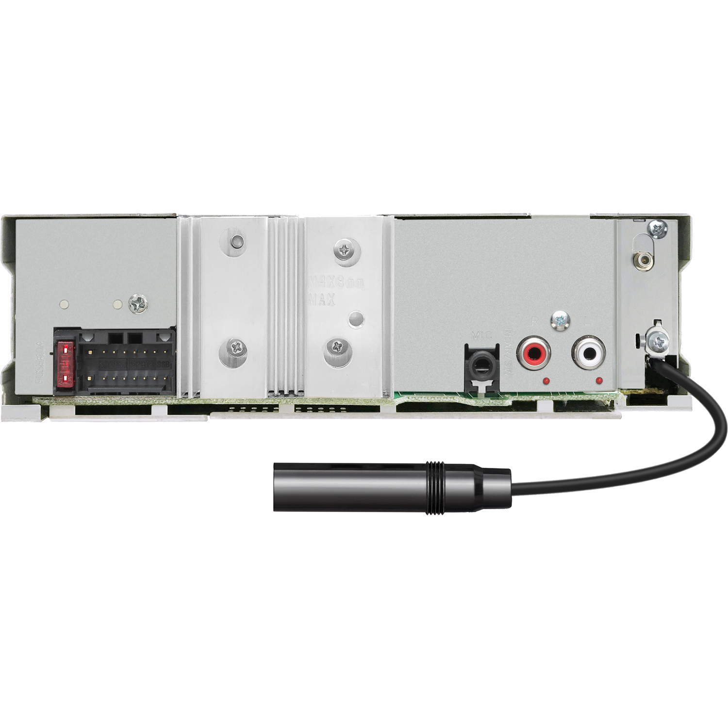 Die Rückseite eines Autoradios mit Anschlüssen und einem Kabel. Das Radio ist metallfarben.