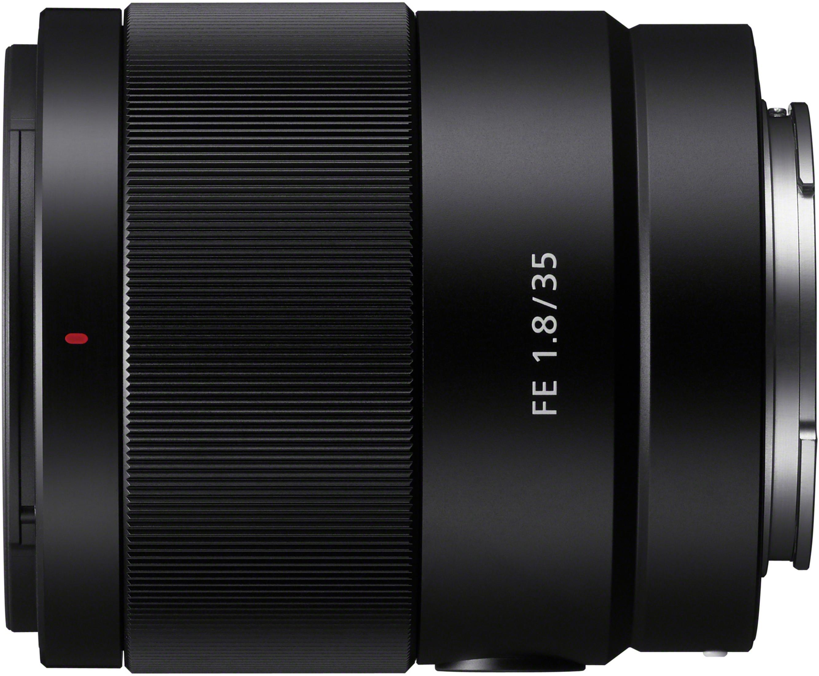 Black camera lens with FE 1.8/35 label.