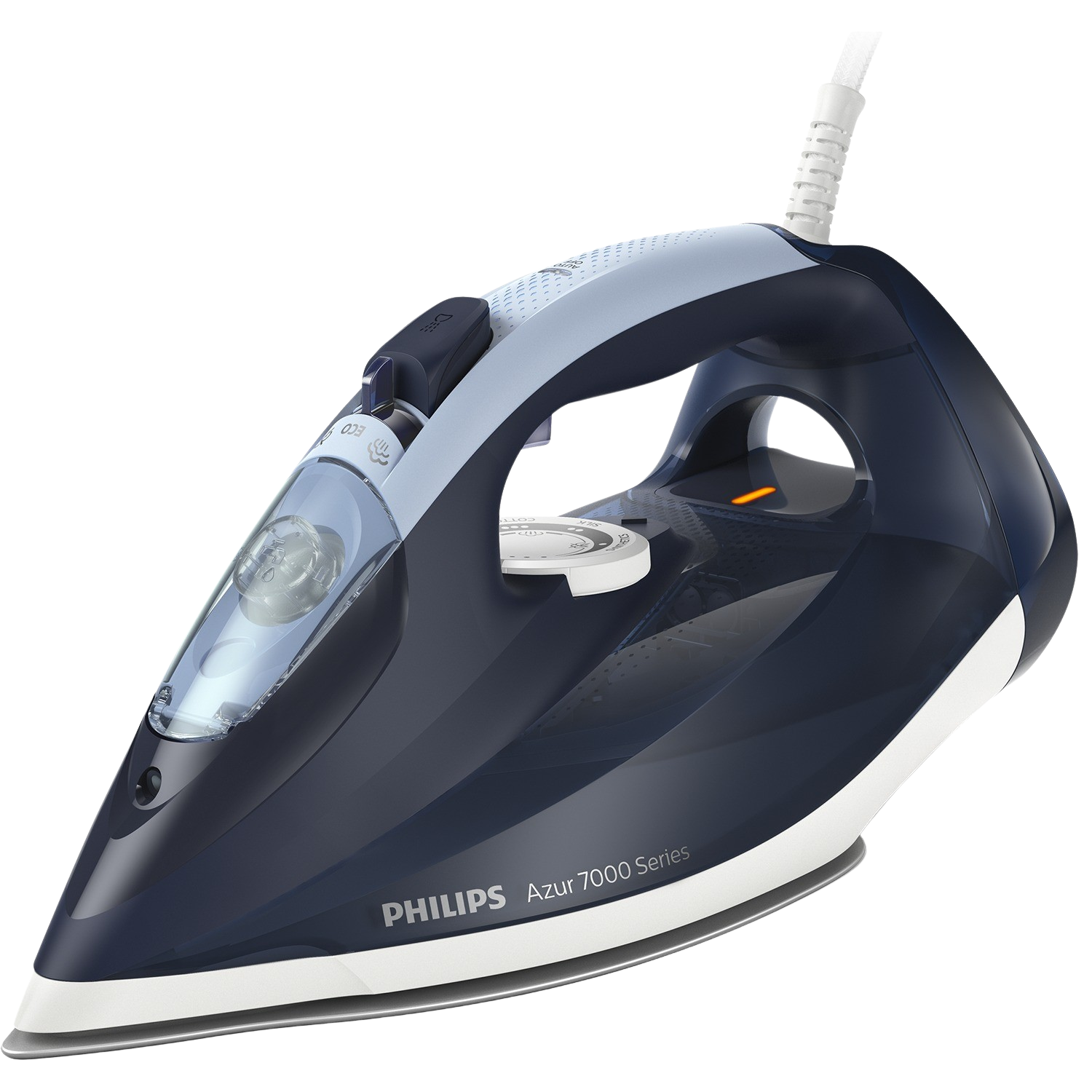 Plancha Philips Azur 7000 Series azul y negra, vista en ángulo con base blanca.