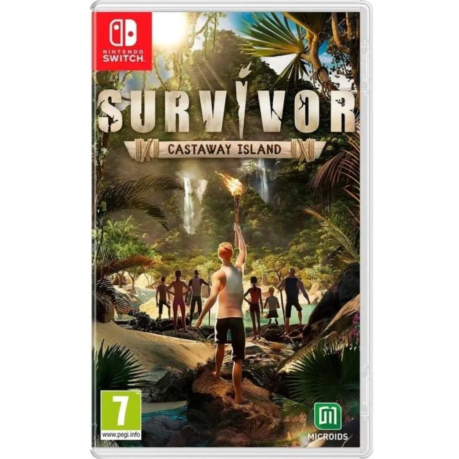 Caja del juego 'Survivor: Castaway Island', que muestra a un hombre sosteniendo una antorcha en una isla tropical.