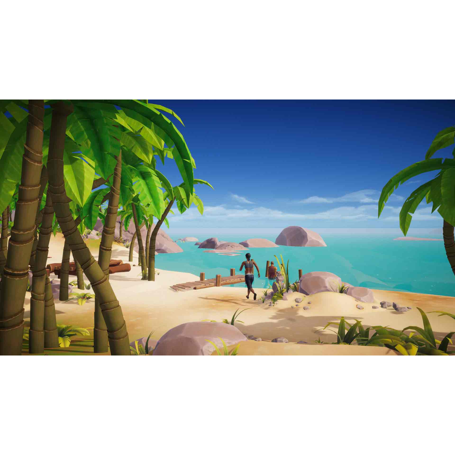 Escena de playa con palmeras, arena y dos personas caminando. Cielo azul, océano y rocas al fondo.