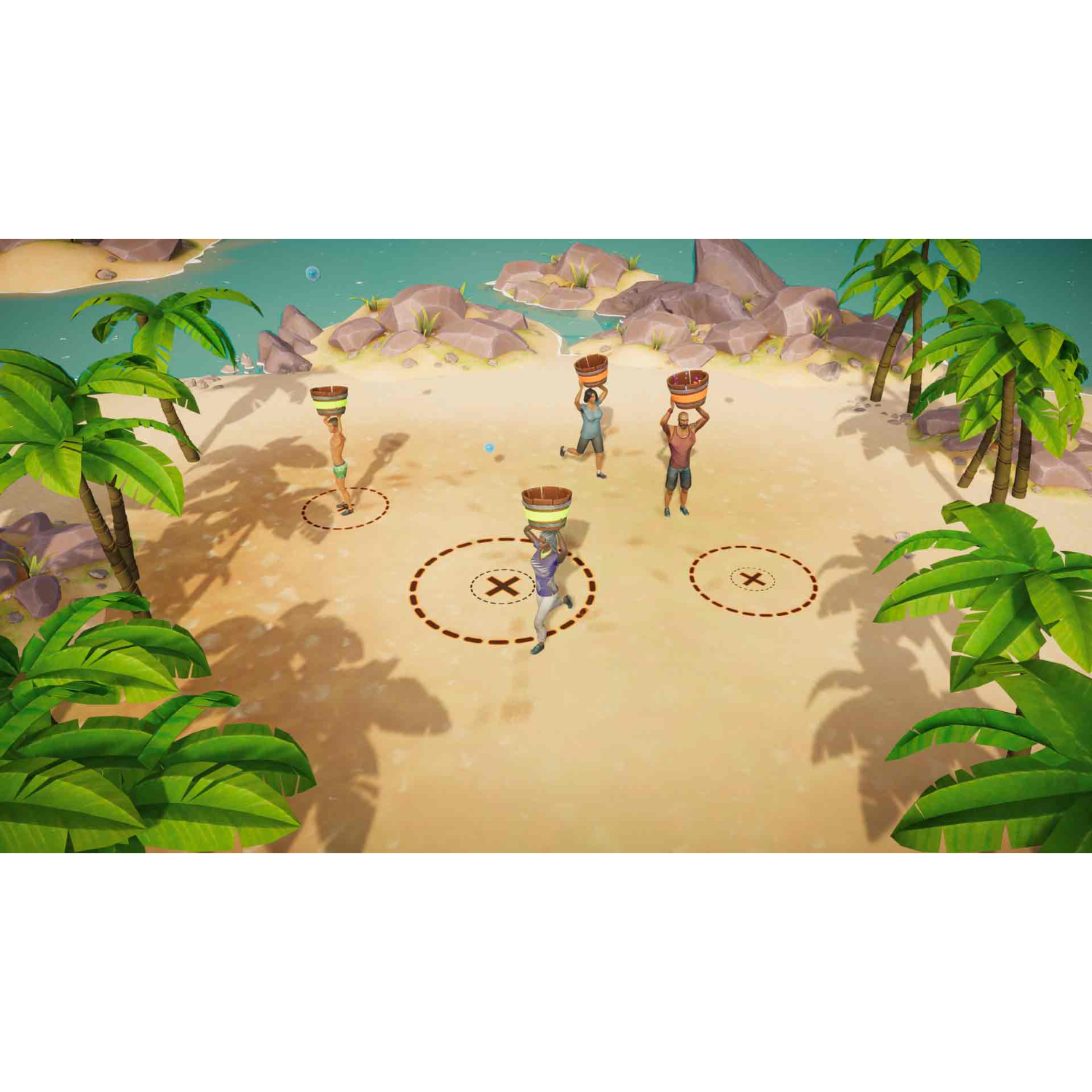 Vista superior de una escena de juego con personajes en playa arenosa.