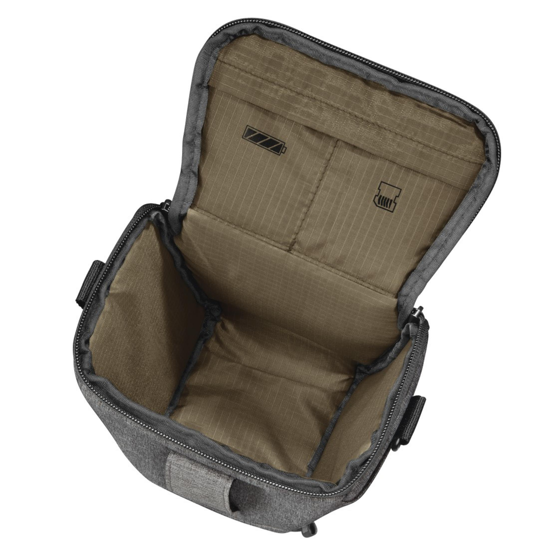 Open grey bag with a brown interior. The interior has two pockets and a zipper.