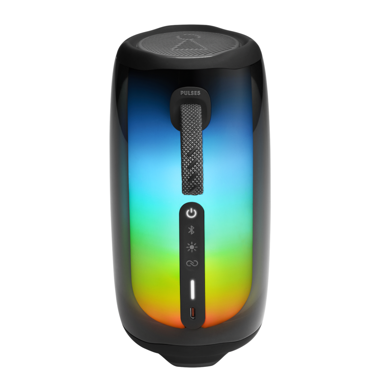 Ein schwarzer und grauer JBL Pulse 5-Lautsprecher mit hochgeklapptem Griff und leuchtenden Lichtern im Inneren.