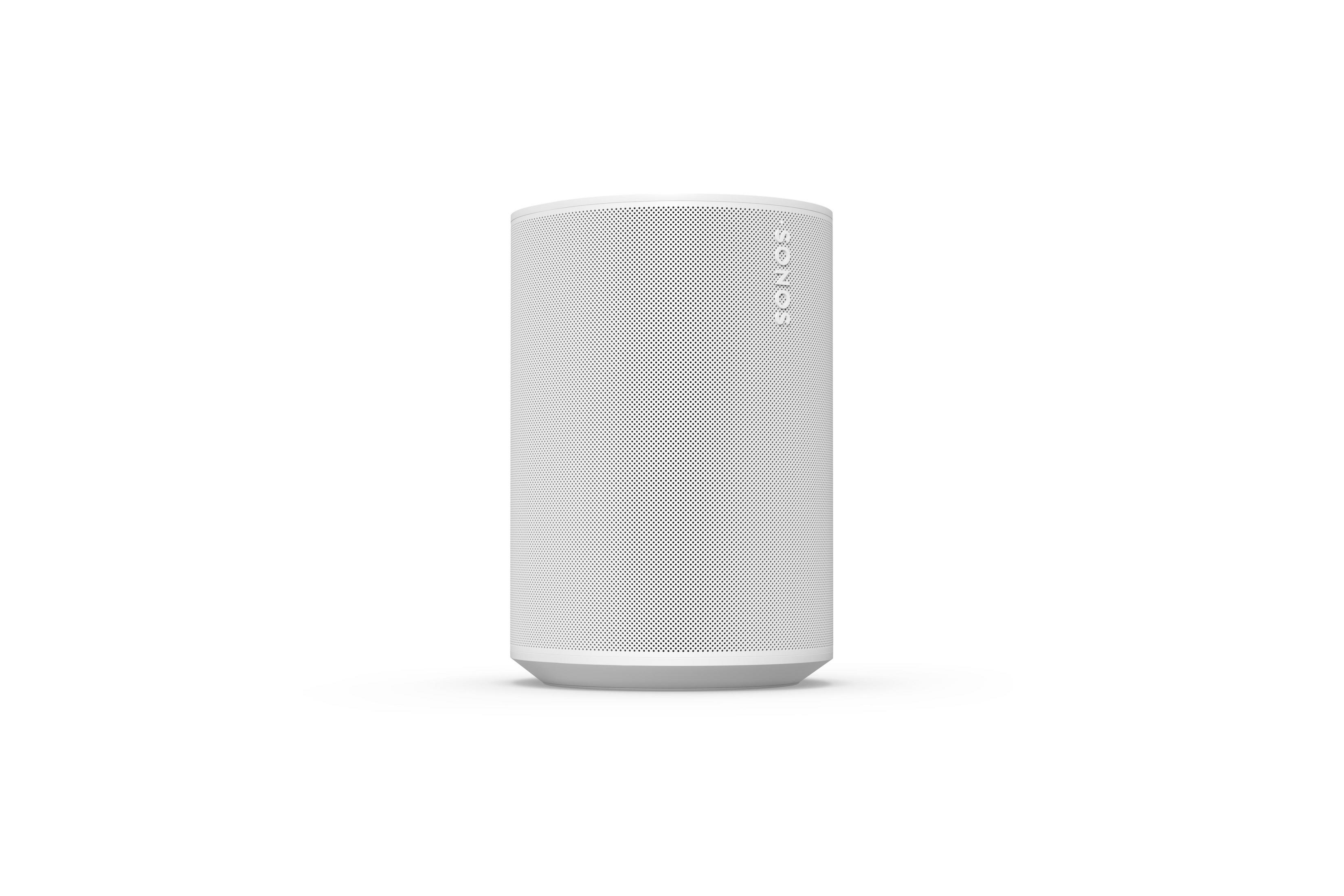 Biały głośnik Sonos, cylindryczny kształt. Głośnik ma siatkową teksturę i stoi na białym tle.