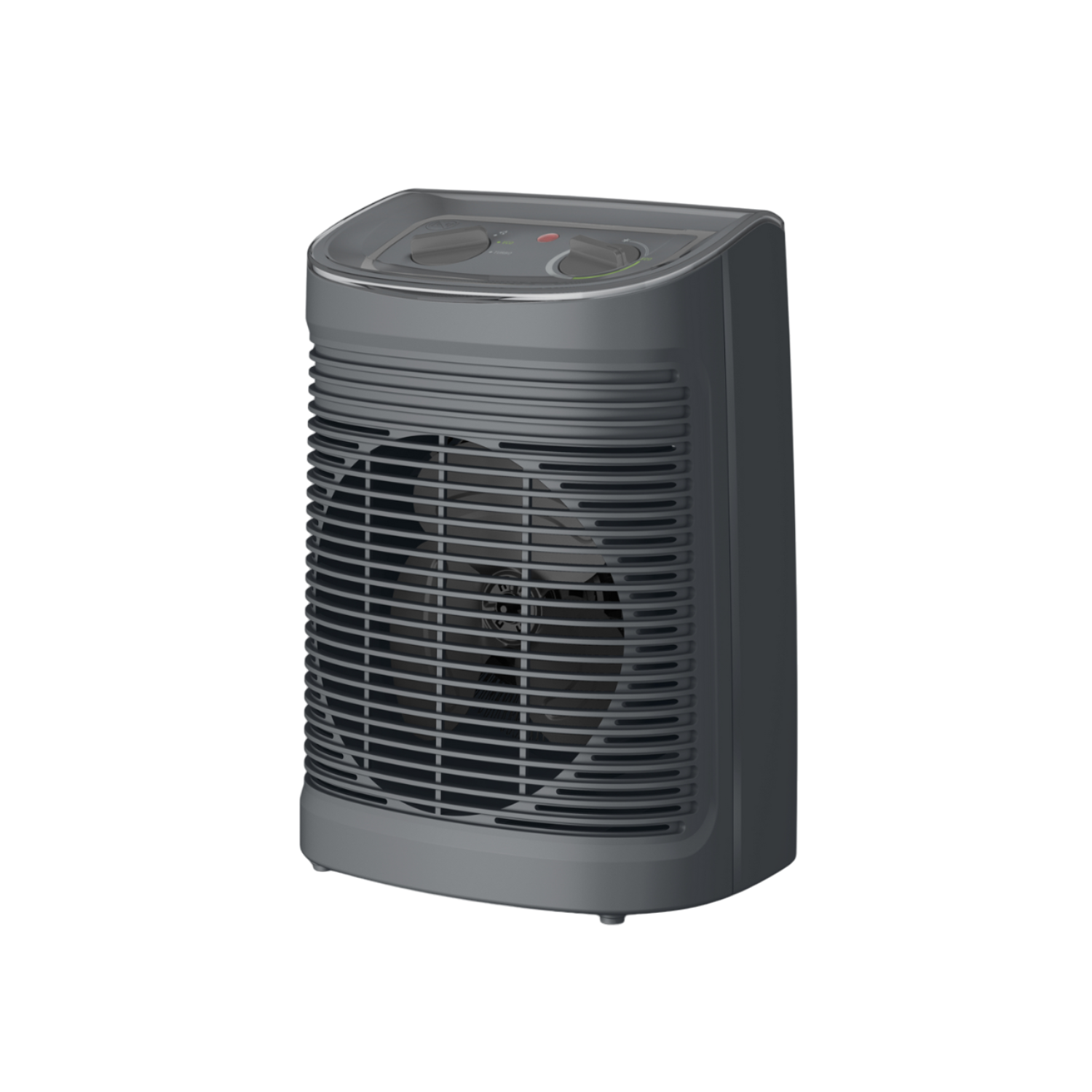 Szary grzejnik elektryczny z wentylatorem, z czarnym tłem.