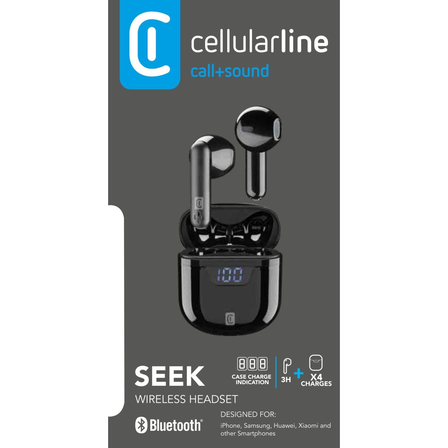 Auricolari wireless neri e custodia di ricarica con logo su sfondo scuro.