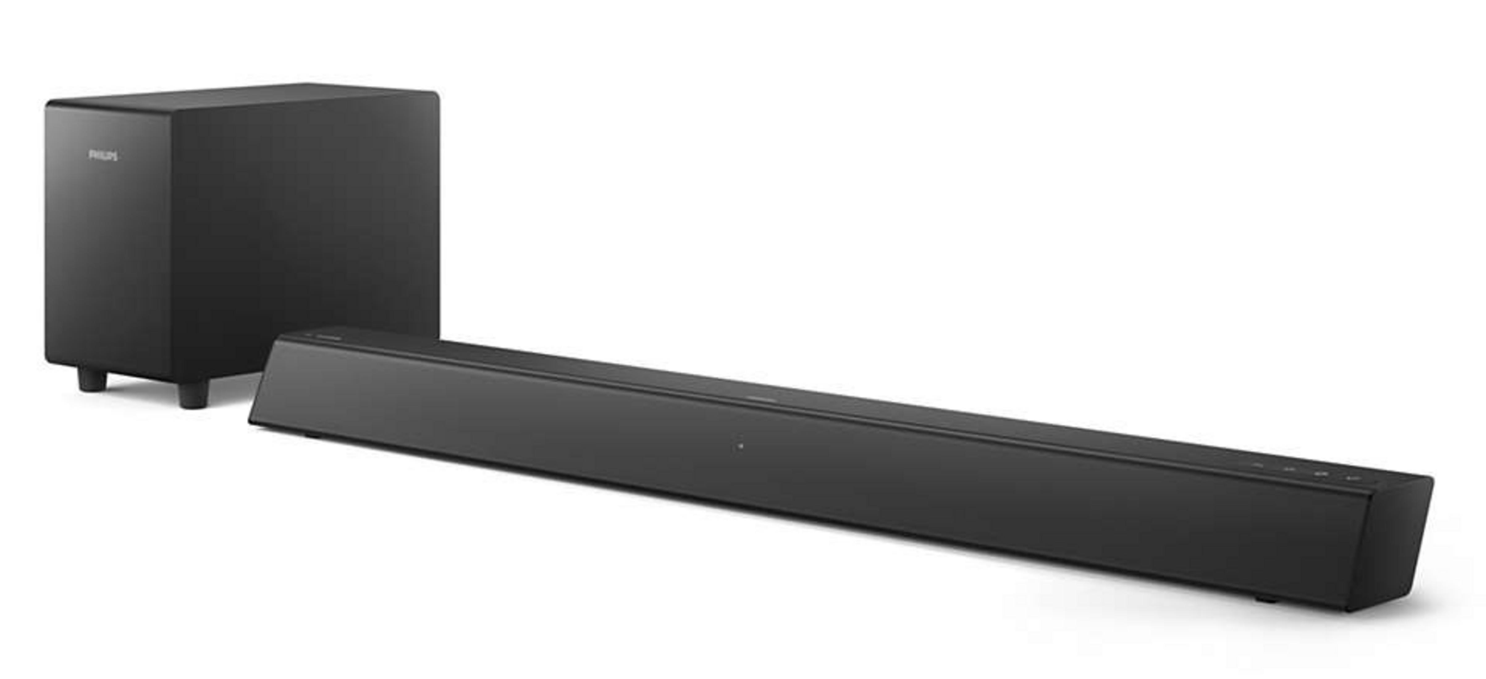 Set di soundbar e subwoofer neri su sfondo bianco, vista angolata.
