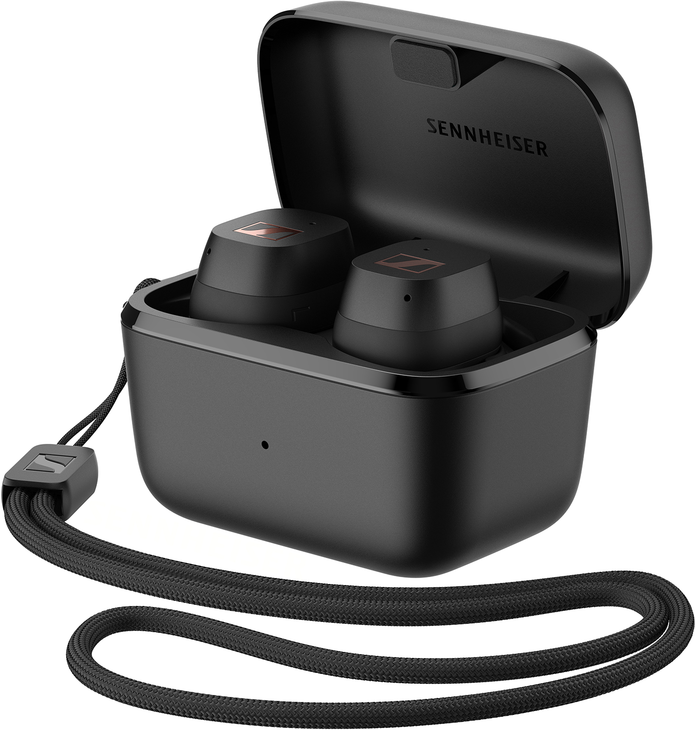 Schwarze Sennheiser Ohrhörer in einer schwarzen Ladebox mit schwarzem Lanyard.