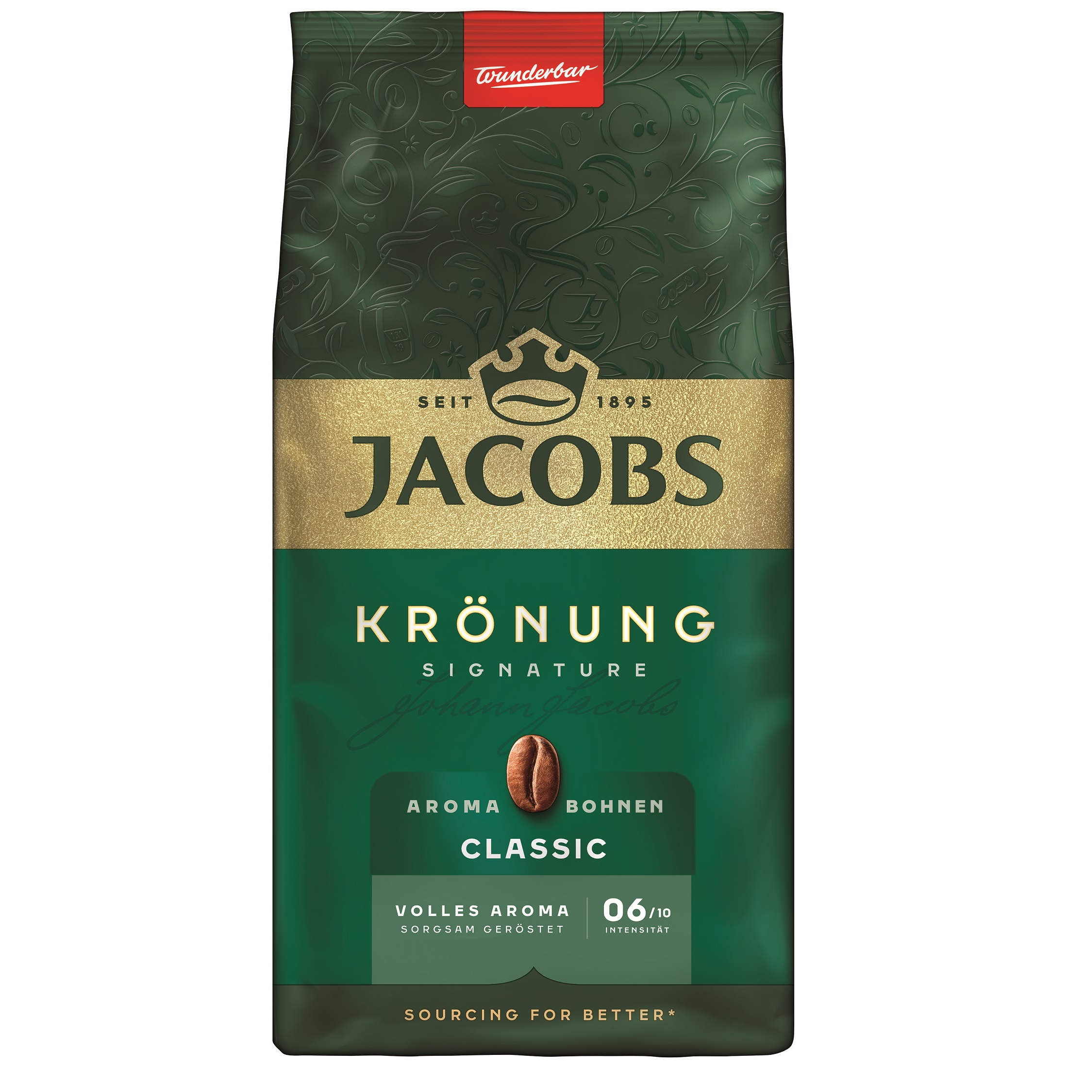 Jacobs Krönung Kaffeetüte. Dunkelgrüne Tüte mit goldenen Akzenten. Kaffeebohnen-Grafik und Text für klassischen Kaffee.