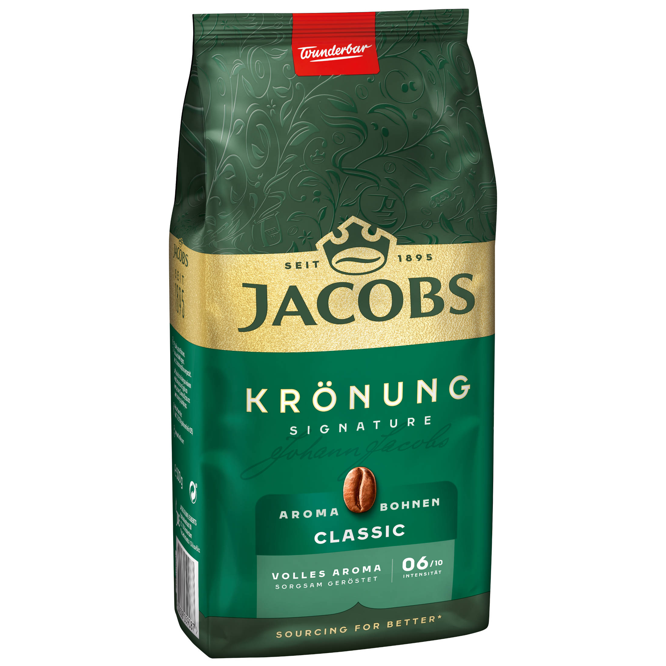 Grüner Kaffeebeutel, Jacobs Krönung, Kaffeebohnen auf Beutel.