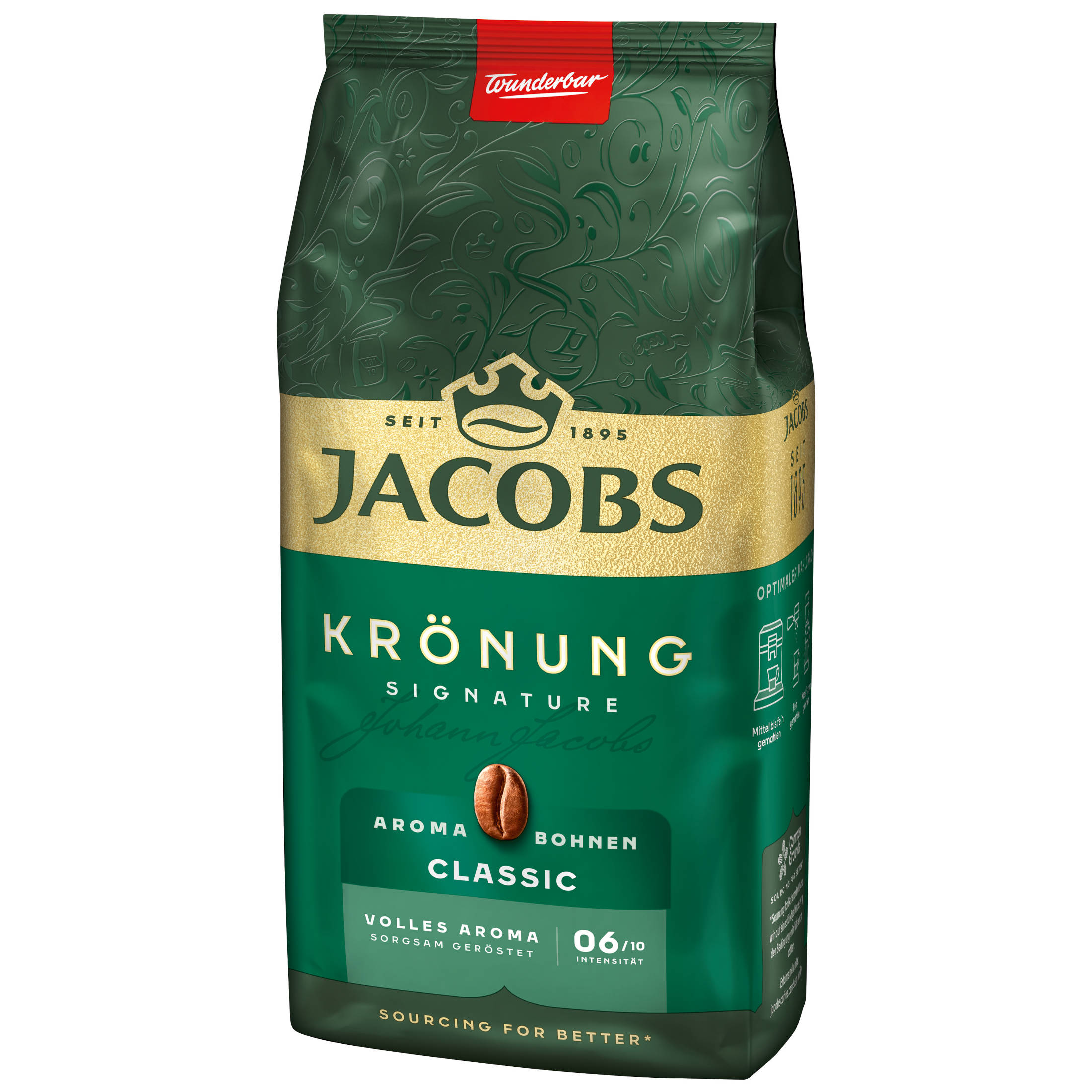 Jacobs Krönung Kaffeepackung, grün mit Kaffeebohnen-Bild.