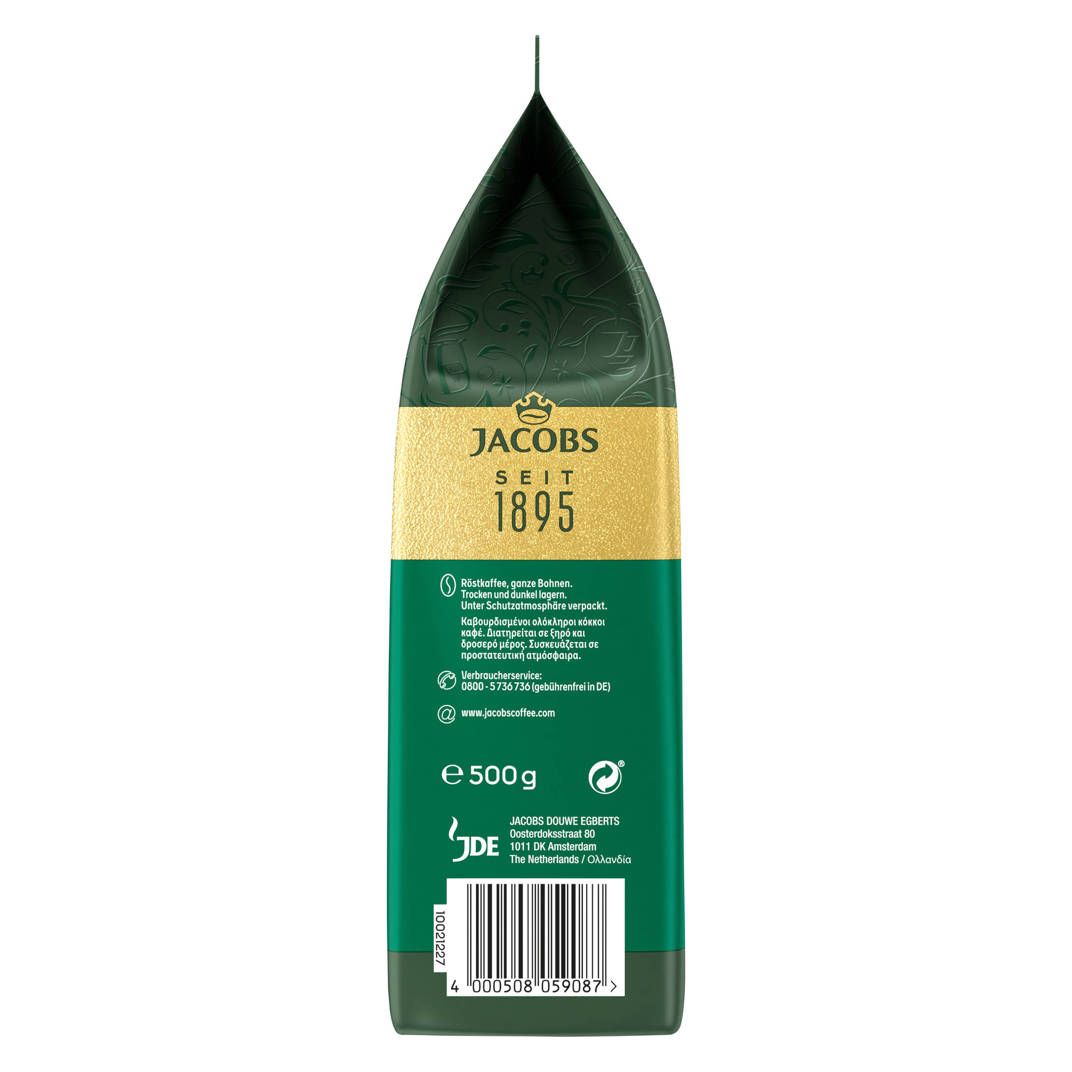 Ein grüner und goldener Kaffeepackung mit Text. Die Marke 'Jacobs' und 'SEIT 1895' sind abgebildet.