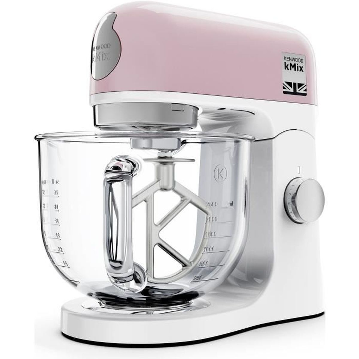 Un mixer a supporto rosa e bianco con una ciotola di vetro.