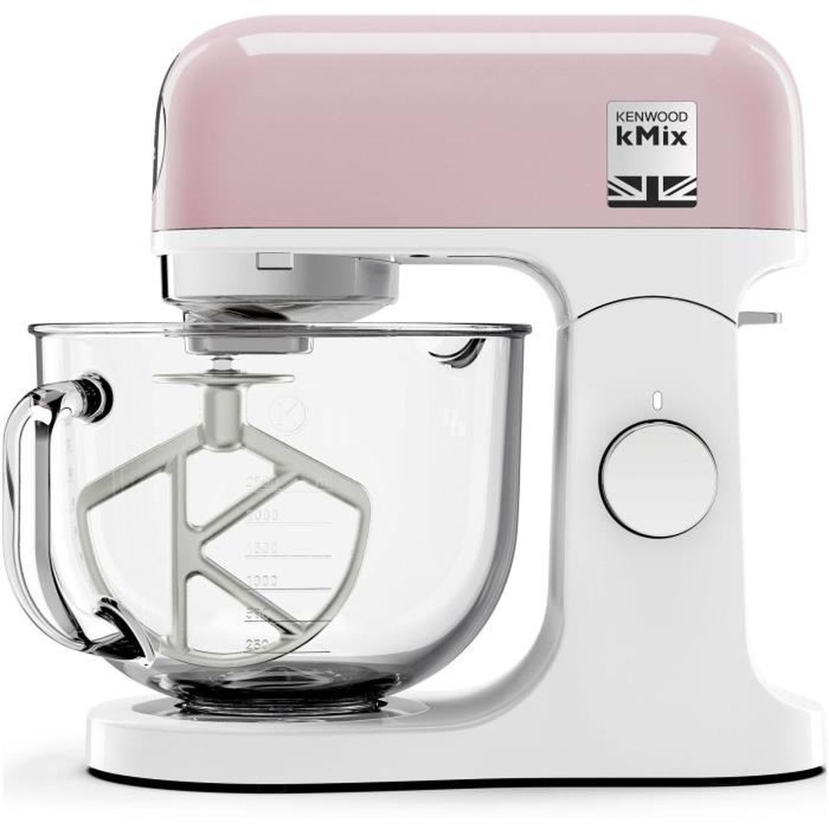 Un mixer Kenwood rosa e bianco, con una ciotola di vetro e accessori. Il marchio è visibile.