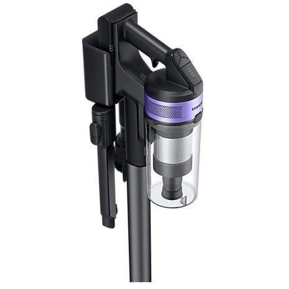 Un aspirapolvere portatile nero e viola con un contenitore per la polvere trasparente.