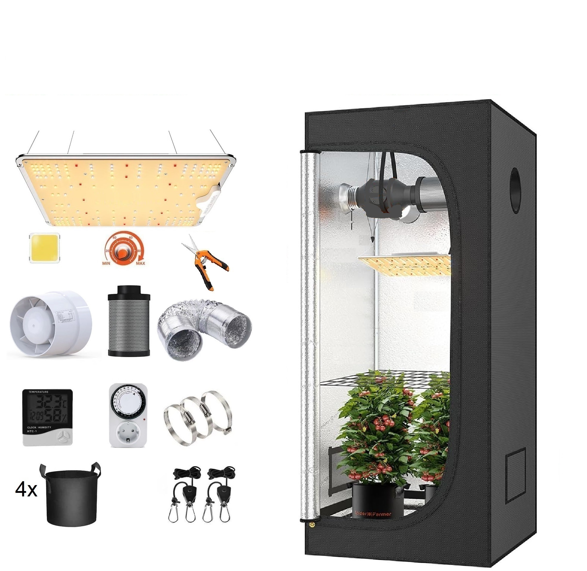 Grow-Zelt-Setup mit Lichtern, Ventilator, Pflanzen und Zubehör. Enthält ein Grow-Zelt mit Pflanzen.