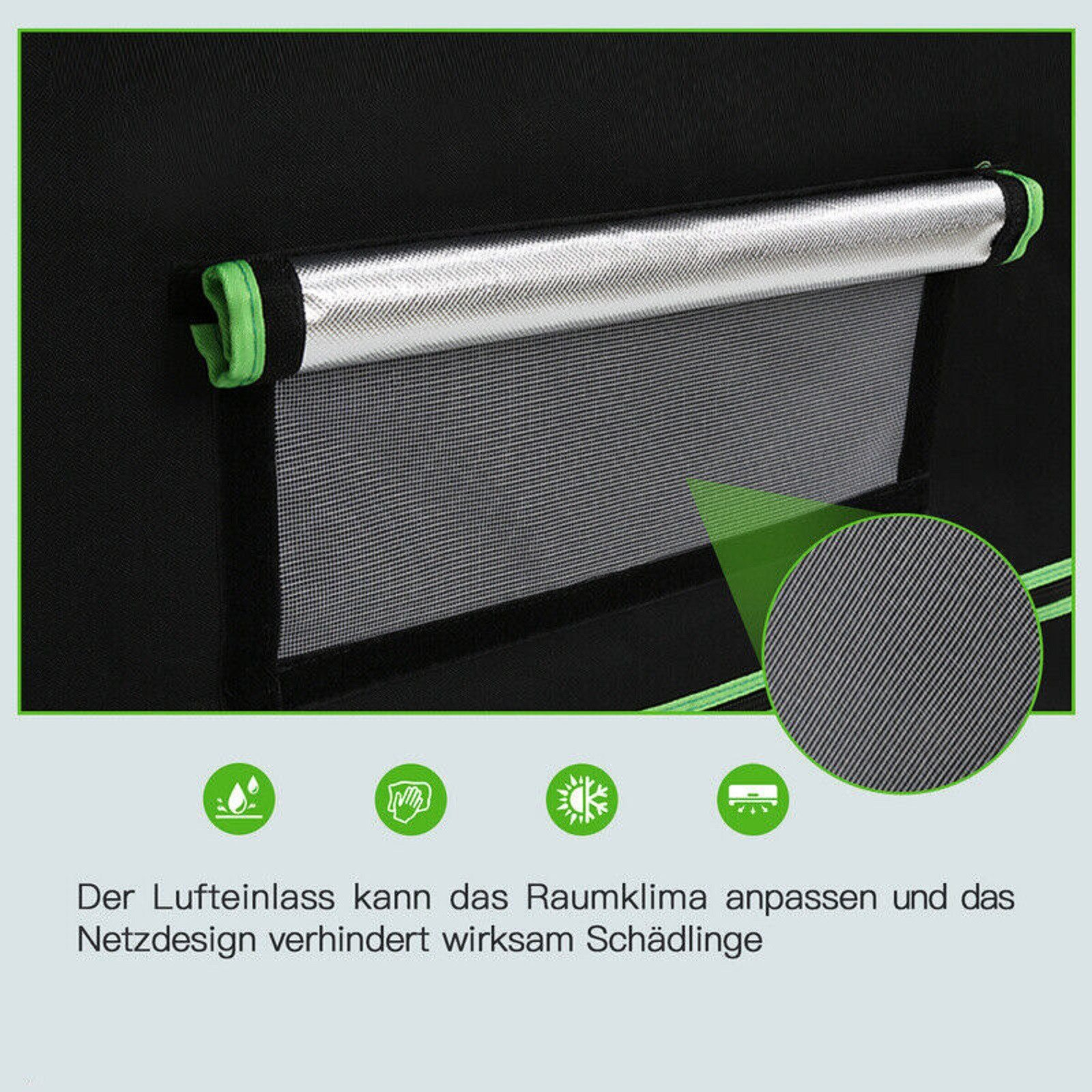 Nahaufnahme eines schwarzen Lüfters mit Netzgitter. Grüne Verkleidung und Detailaufnahme des Netzes.