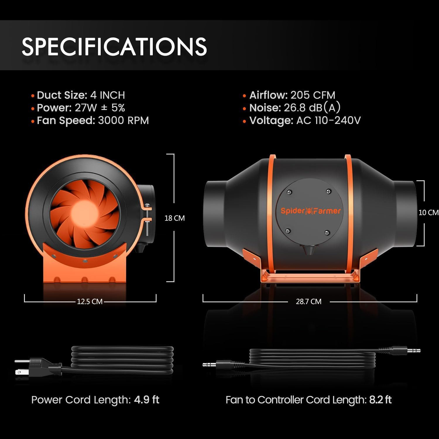 Technische Daten des Spider Farmer Inline-Lüfters, einschließlich Abmessungen und Leistungsdetails.