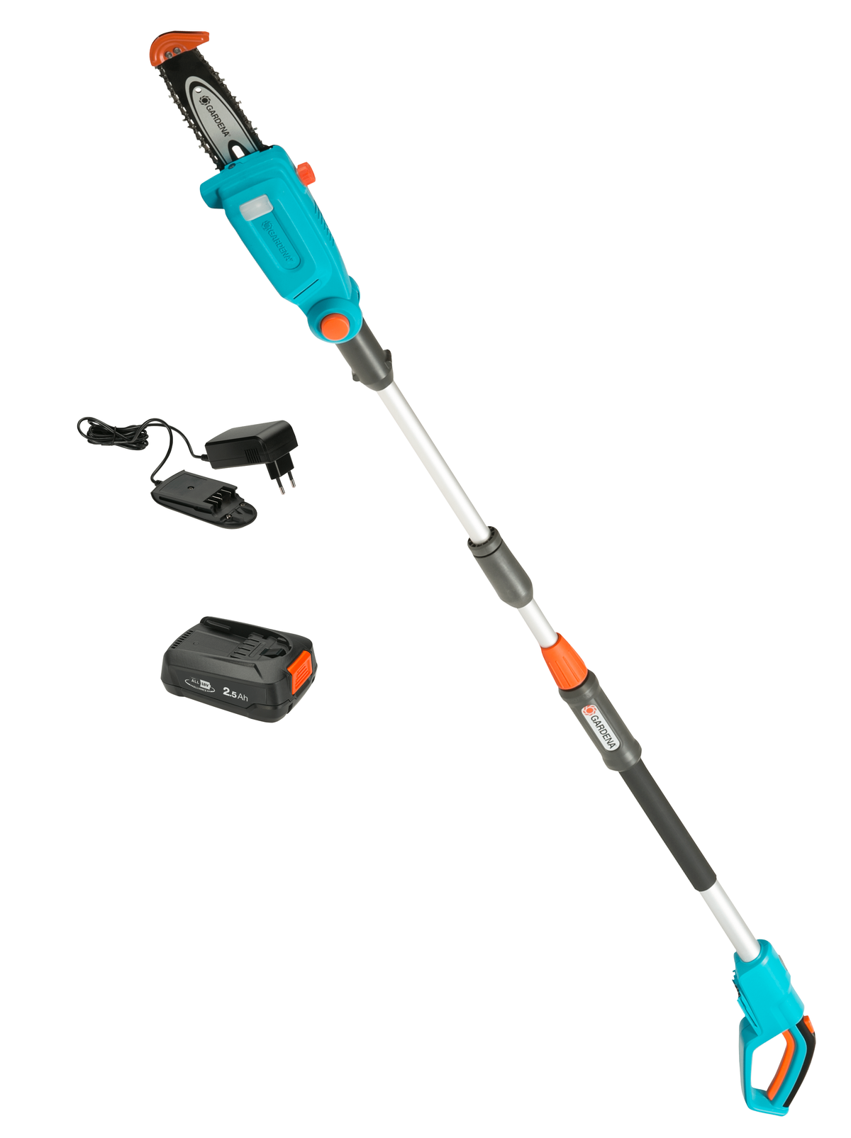 Una motosega turchese e nera con batteria e caricabatterie.