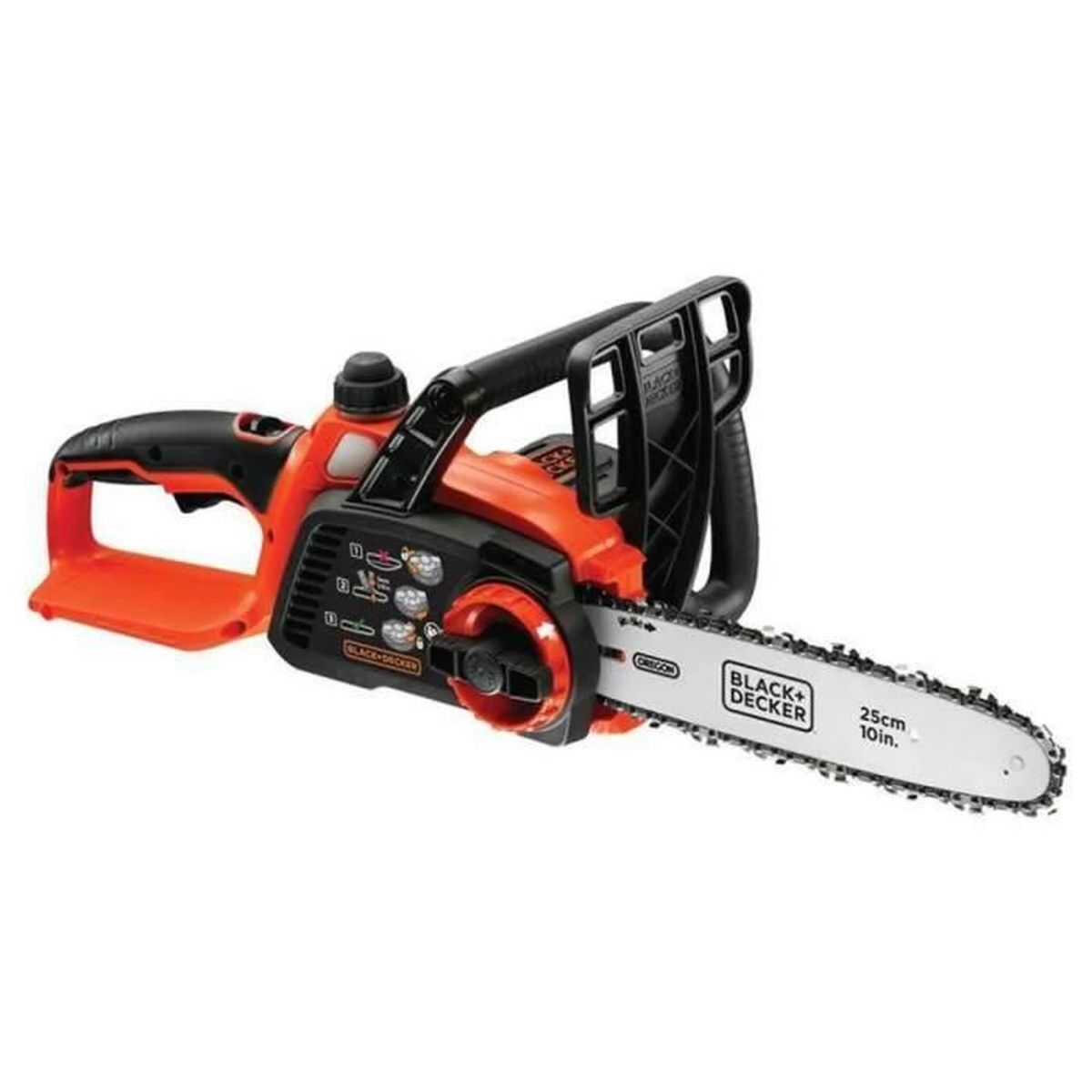 Orange und schwarze Kettensäge mit silberner Klinge. Die Klinge hat ein schwarz-weißes Etikett.