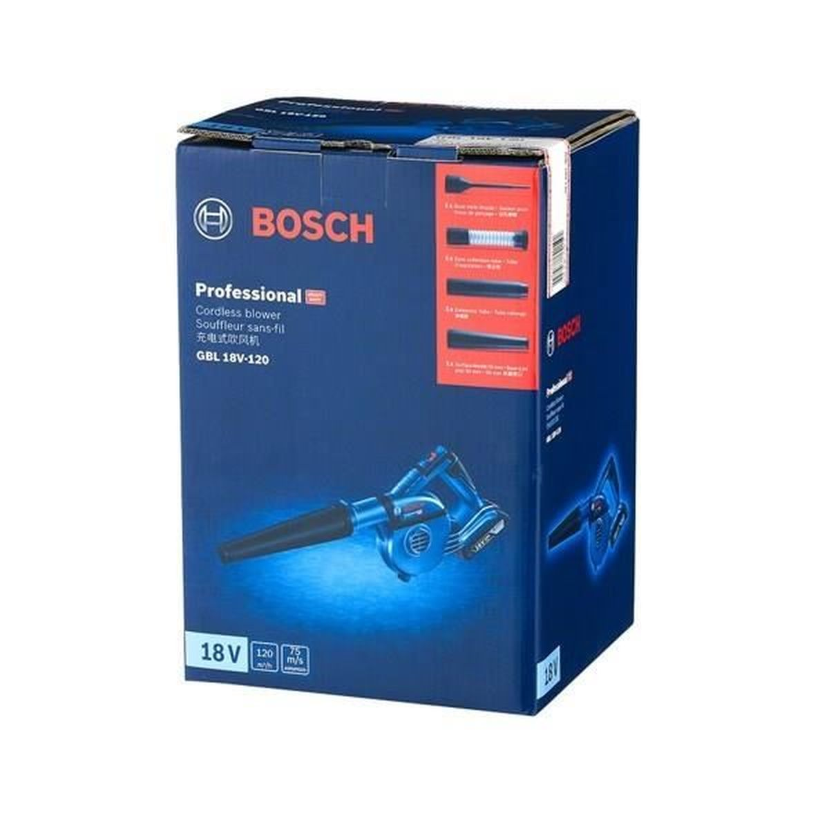 Caja de soplador inalámbrico, diseño azul y negro, con ilustraciones de herramientas adicionales.