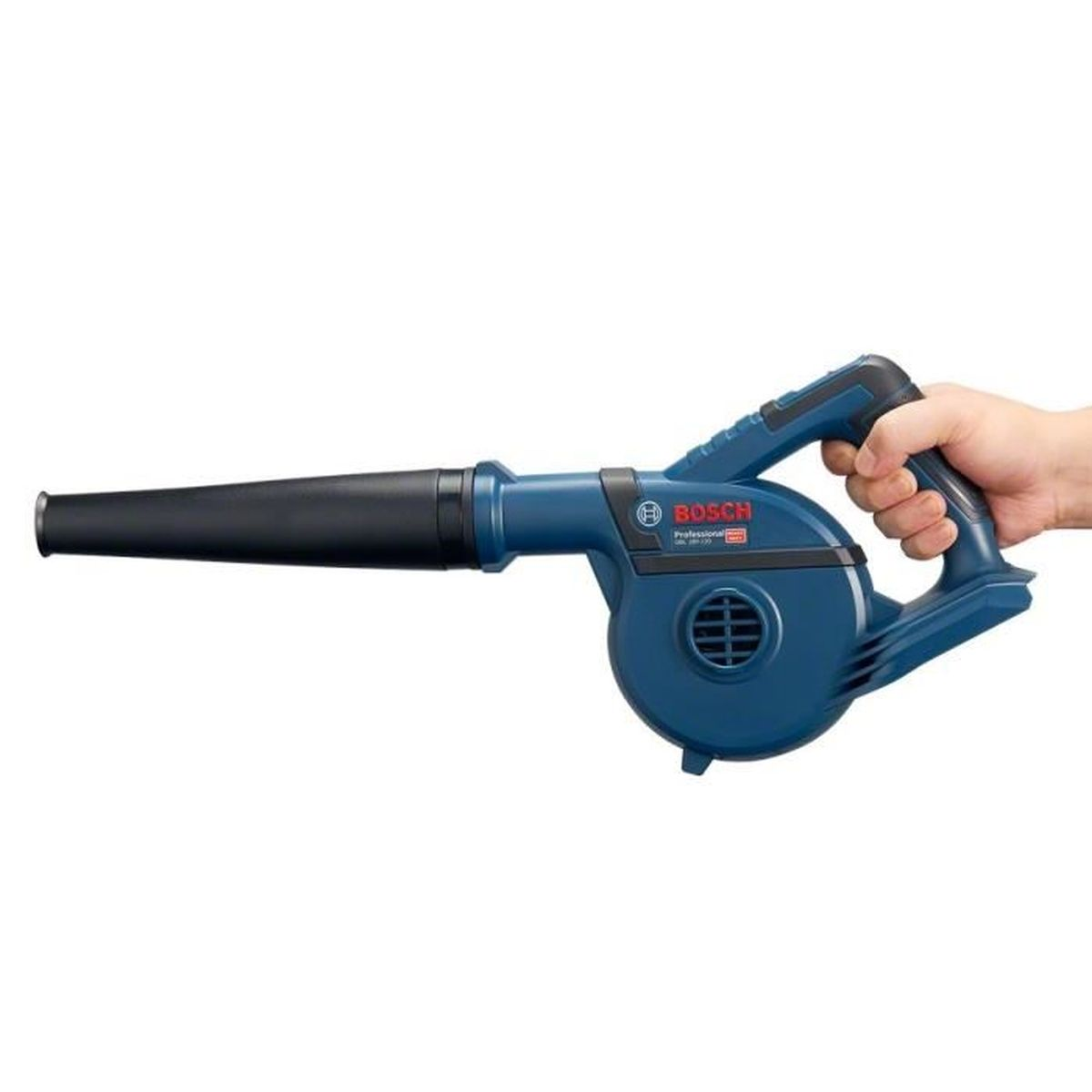 Soplador de hojas Bosch azul y negro sujetado por una mano, con el logo Bosch visible.