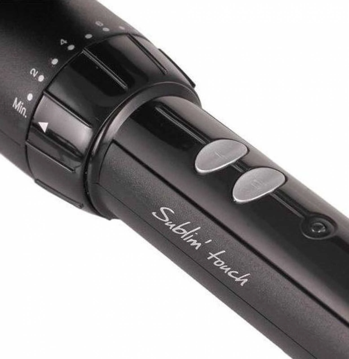 Zbliżenie czarnego narzędzia kosmetycznego z przyciskami i pokrętłem 'Min'.