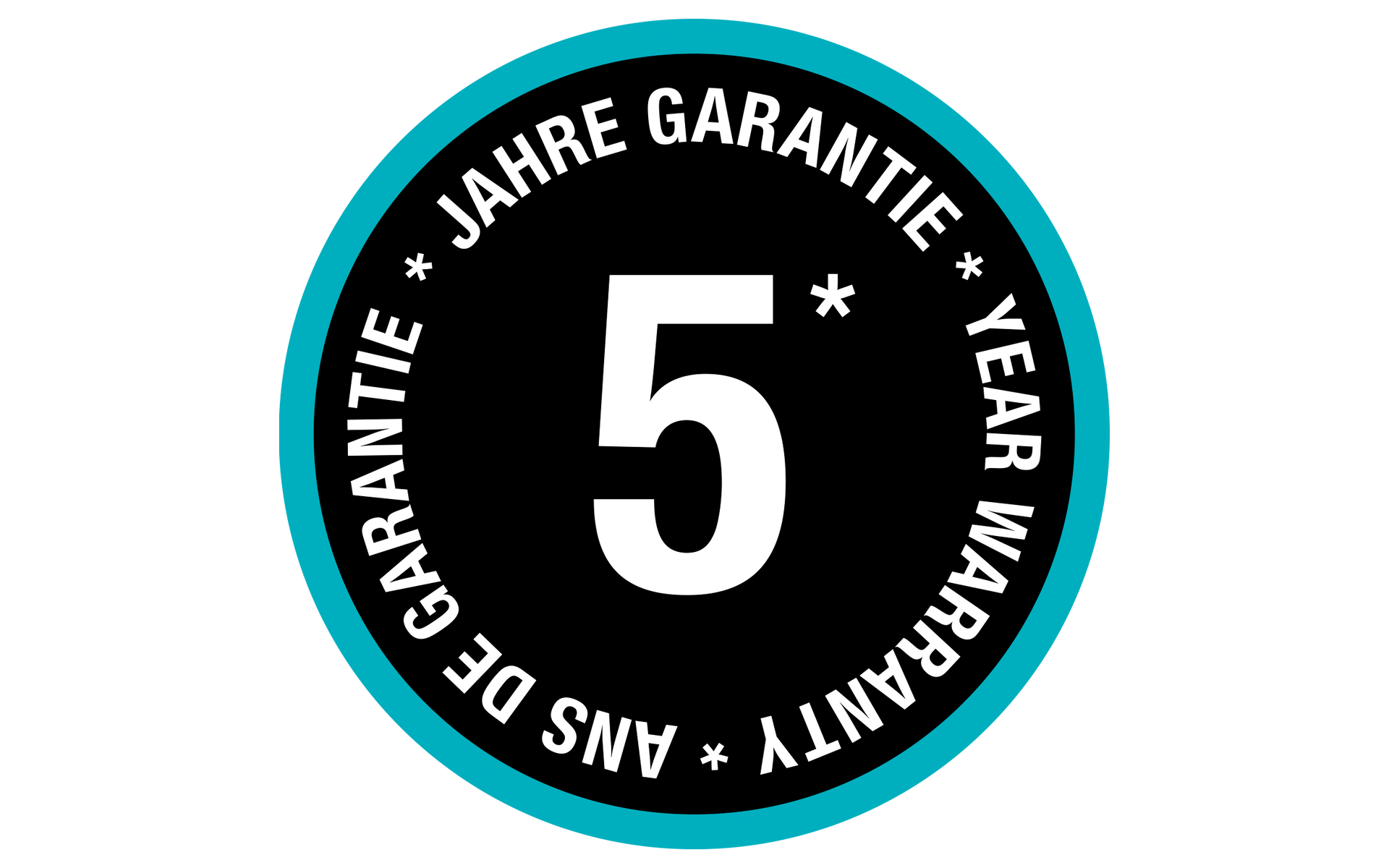 Rundes Siegel mit Text '5 JAHRE GARANTIE' und '5' in der Mitte.